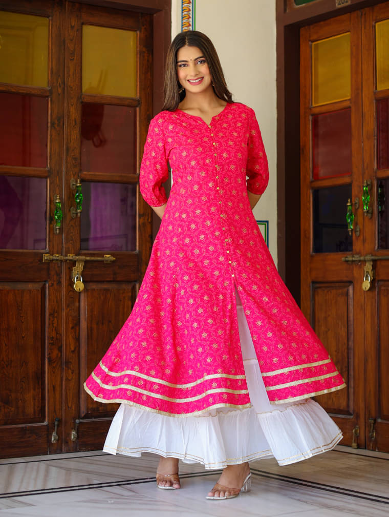 Yash Gallery Pack of 1 Rayon Printed Anarkali Women's Kurti - ( Pink ) Yash Gallery Pack of 1 Rayon Printed Anarkali Women's Kurti - ( Pink )
