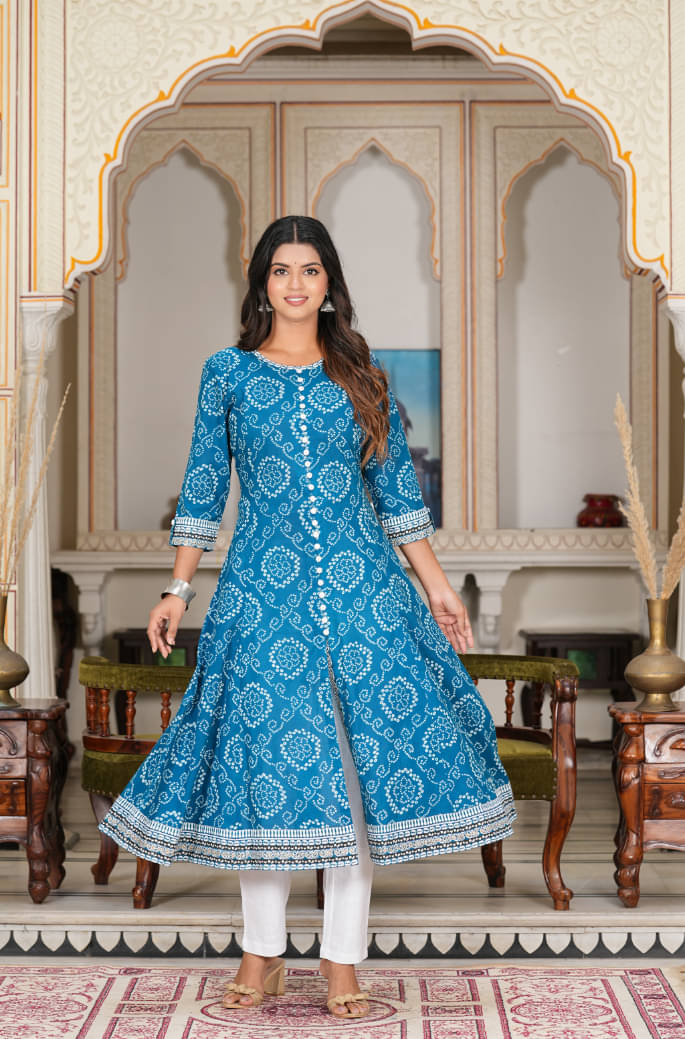     			Yash Gallery Pack of 1 Cotton Printed Anarkali Women's Kurti - ( Blue )