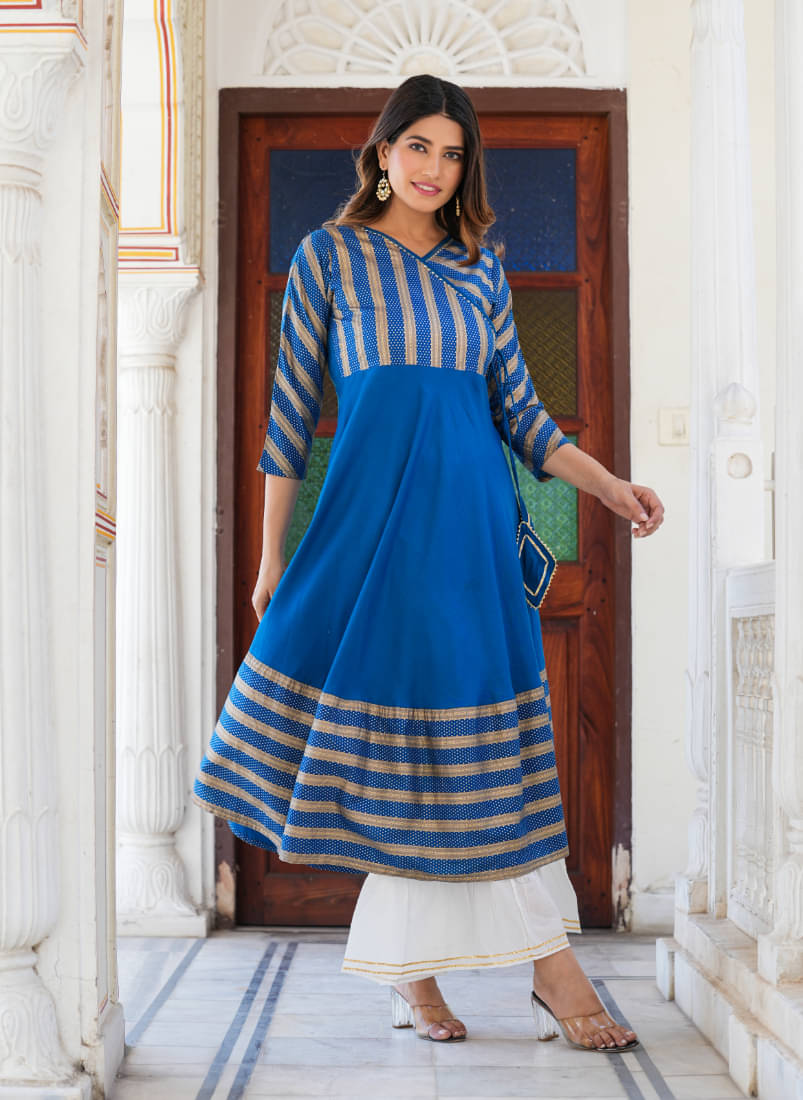 Yash Gallery Pack of 1 Rayon Printed Anarkali Women's Kurti - ( Blue ) Yash Gallery Pack of 1 Rayon Printed Anarkali Women's Kurti - ( Blue )
