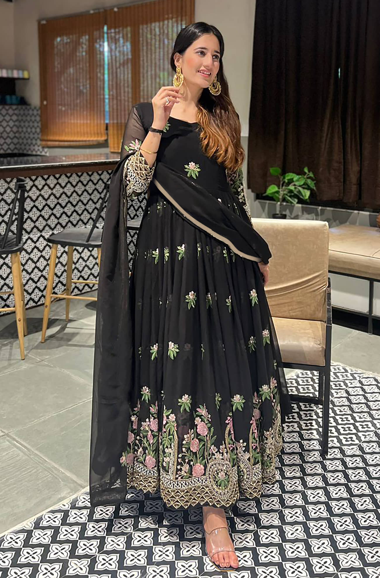 kedar fab Black Anarkali Georgette Women's Stitched Ethnic Gown ( Pack of 1 ) - Unstitched Fabrics | Buy online on ZillyBuy