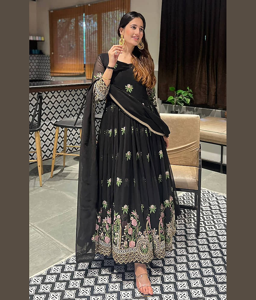 kedar fab Black Anarkali Georgette Women's Stitched Ethnic Gown ( Pack of 1 ) - Unstitched Fabrics | Buy online on ZillyBuy