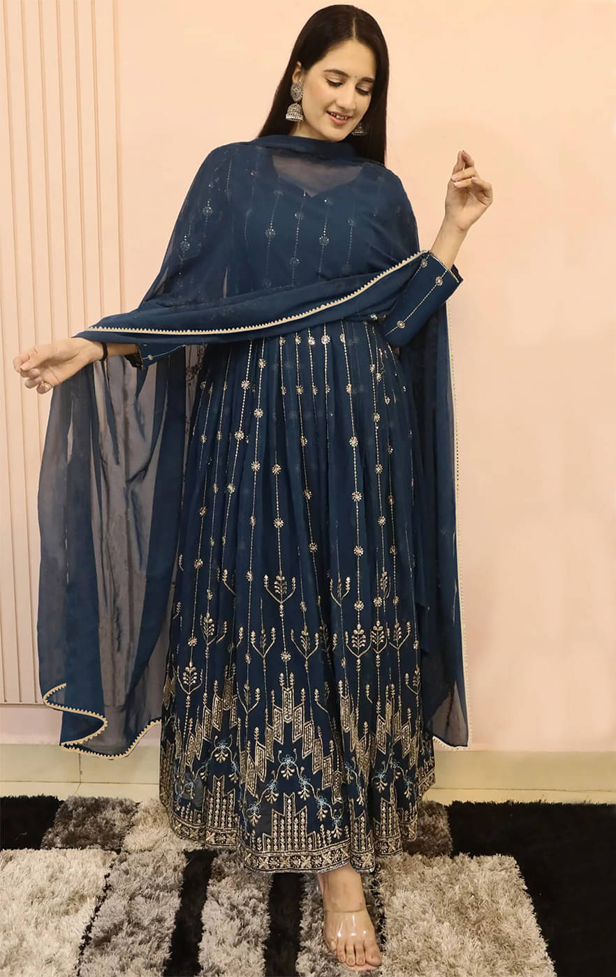 kedar fab Blue Anarkali Georgette Women's Stitched Ethnic Gown ( Pack of 1 )     			kedar fab Blue Anarkali Georgette Women's Stitched Ethnic Gown ( Pack of 1 )