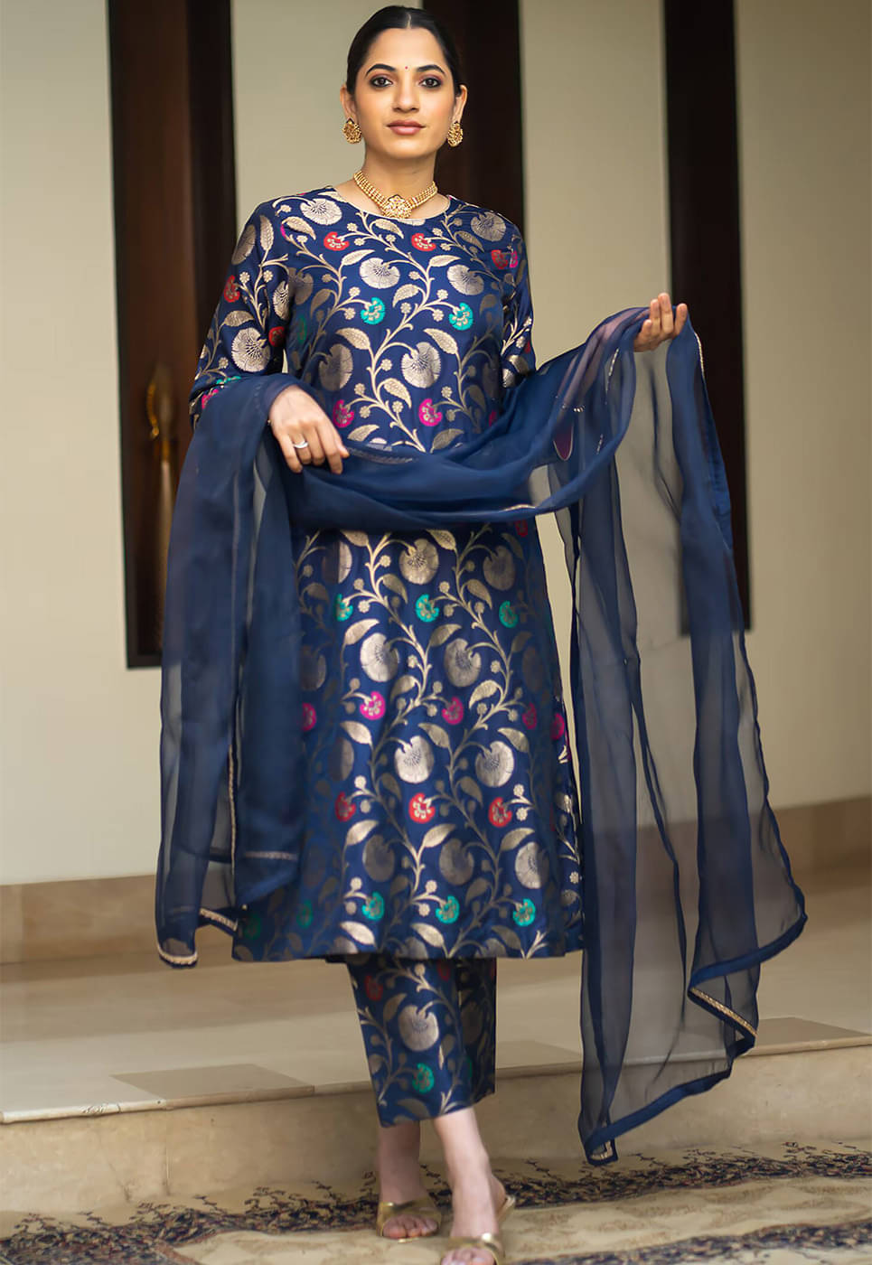     			kedar fab Silk Blend Self Design Kurti With Pants Women's Stitched Salwar Suit - Blue ( Pack of 1 )