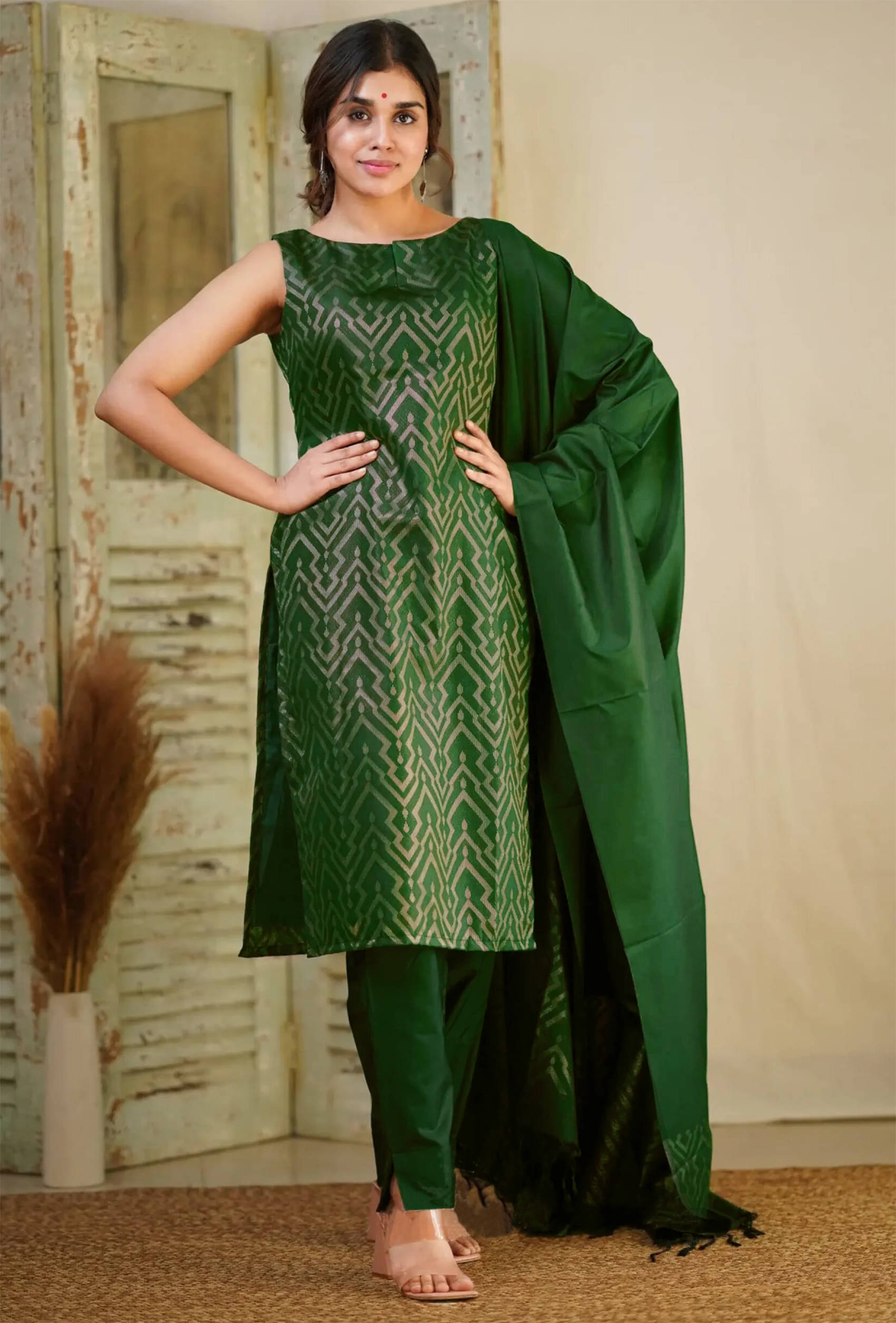     			kedar fab Silk Blend Self Design Kurti With Pants Women's Stitched Salwar Suit - Green ( Pack of 1 )