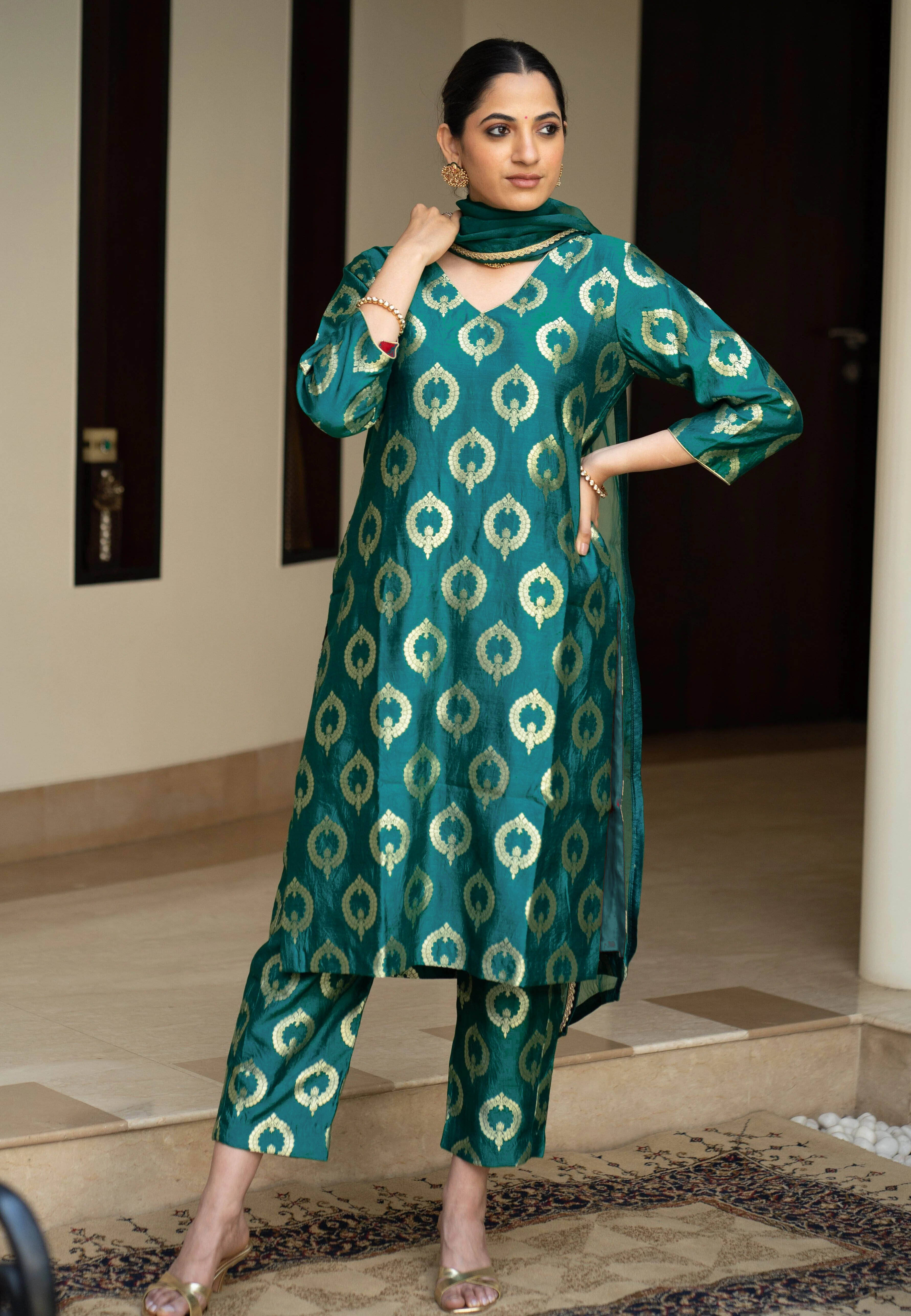 kedar fab Silk Blend Self Design Kurti With Pants Women's Stitched Salwar Suit - Green ( Pack of 1 ) kedar fab Silk Blend Self Design Kurti With Pants Women's Stitched Salwar Suit - Green ( Pack of 1 )
