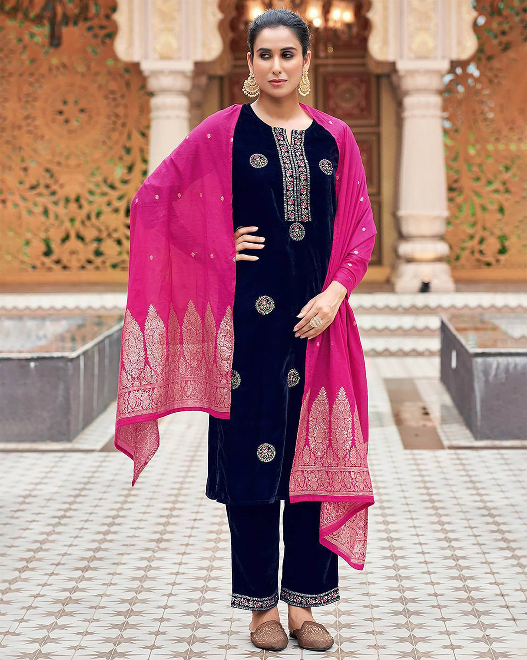     			kedar fab Velvet Embroidered Kurti With Pants Women's Stitched Salwar Suit - Navy Blue ( Pack of 1 )