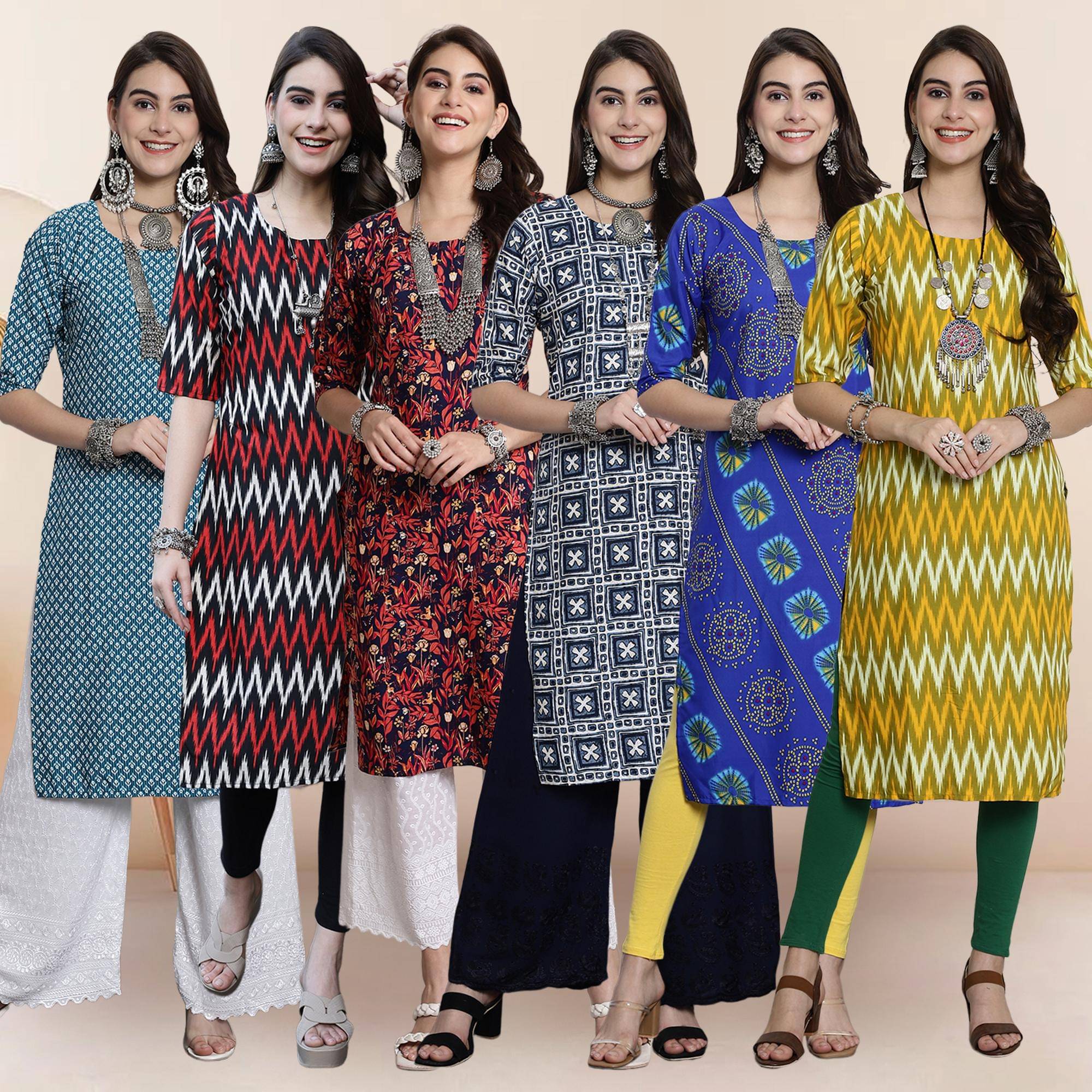 1 Stop Fashion Pack of 6 Crepe Printed Straight Women's Kurti - ( Multicolor3 )     			1 Stop Fashion Pack of 6 Crepe Printed Straight Women's Kurti - ( Multicolor3 )