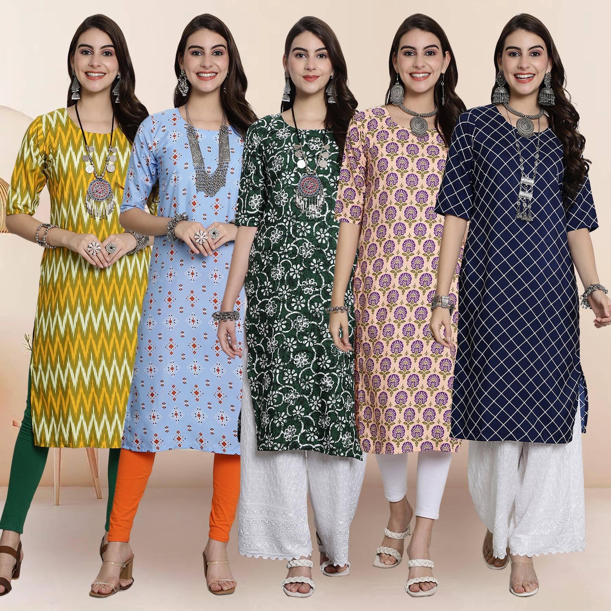 1 Stop Fashion Pack of 5 Crepe Printed Straight Women's Kurti - ( Multicolor3 )     			1 Stop Fashion Pack of 5 Crepe Printed Straight Women's Kurti - ( Multicolor3 )