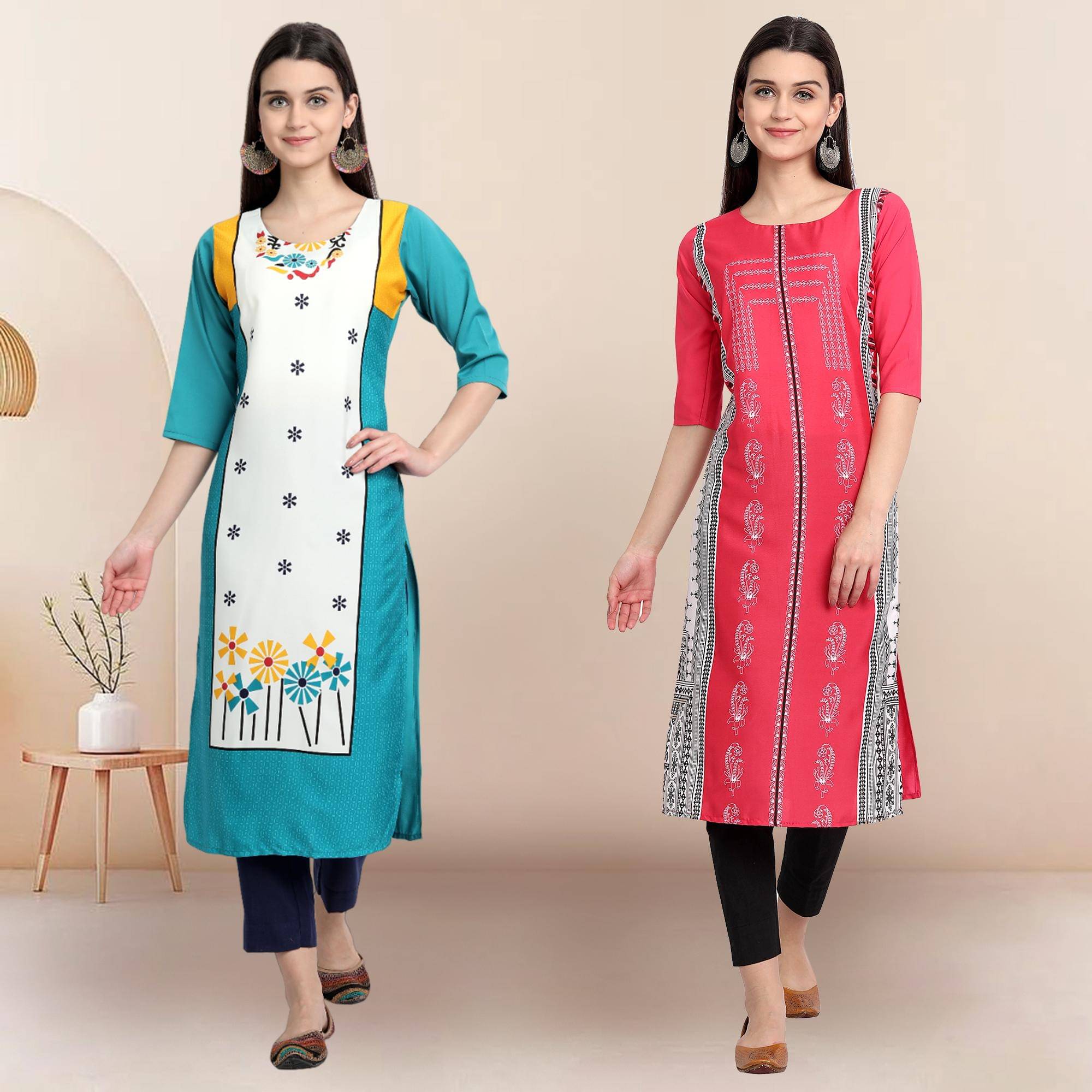 1 Stop Fashion Pack of 2 Crepe Printed Straight Women's Kurti - ( Multicolor4 ) 1 Stop Fashion Pack of 2 Crepe Printed Straight Women's Kurti - ( Multicolor4 )