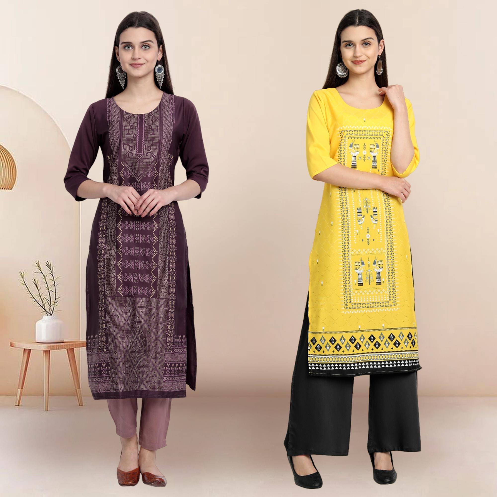 1 Stop Fashion Pack of 2 Crepe Printed Straight Women's Kurti - ( Multicolor1 )     			1 Stop Fashion Pack of 2 Crepe Printed Straight Women's Kurti - ( Multicolor1 )