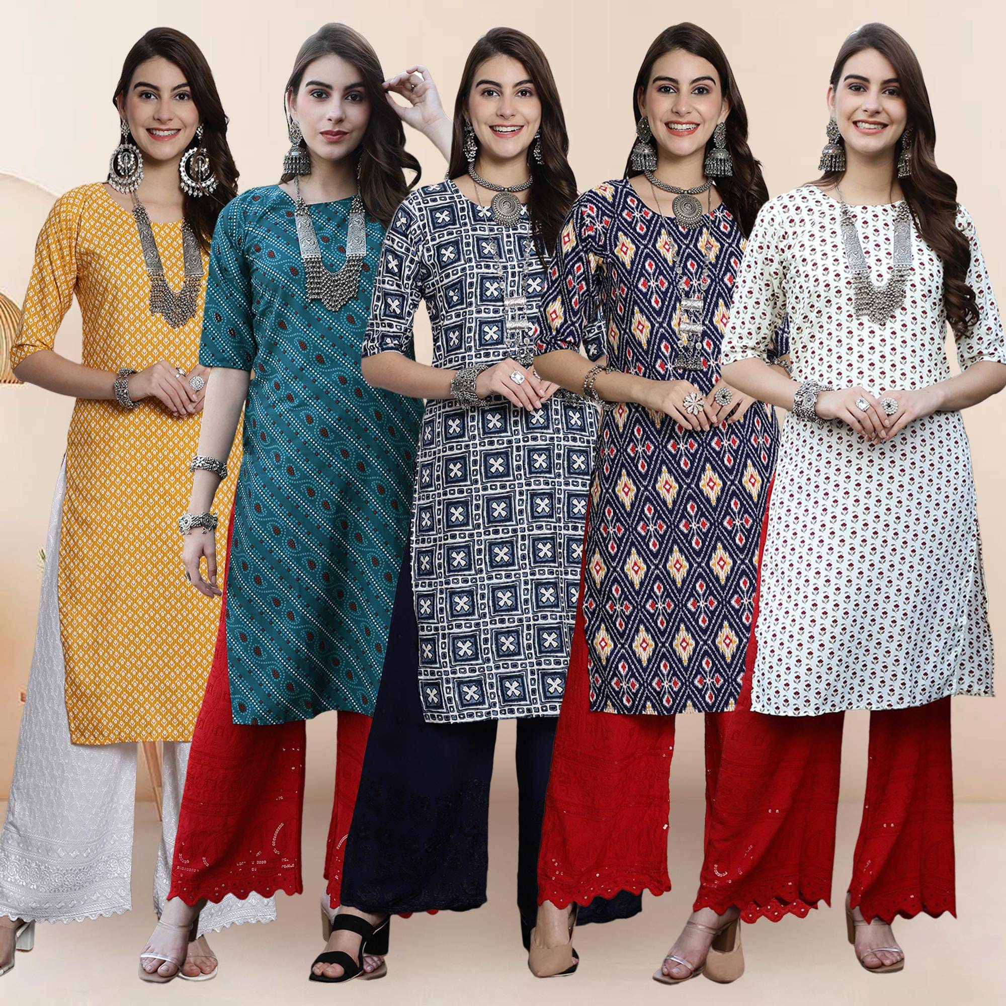 1 Stop Fashion Pack of 5 Crepe Printed Straight Women's Kurti - ( Multicolor ) 1 Stop Fashion Pack of 5 Crepe Printed Straight Women's Kurti - ( Multicolor )