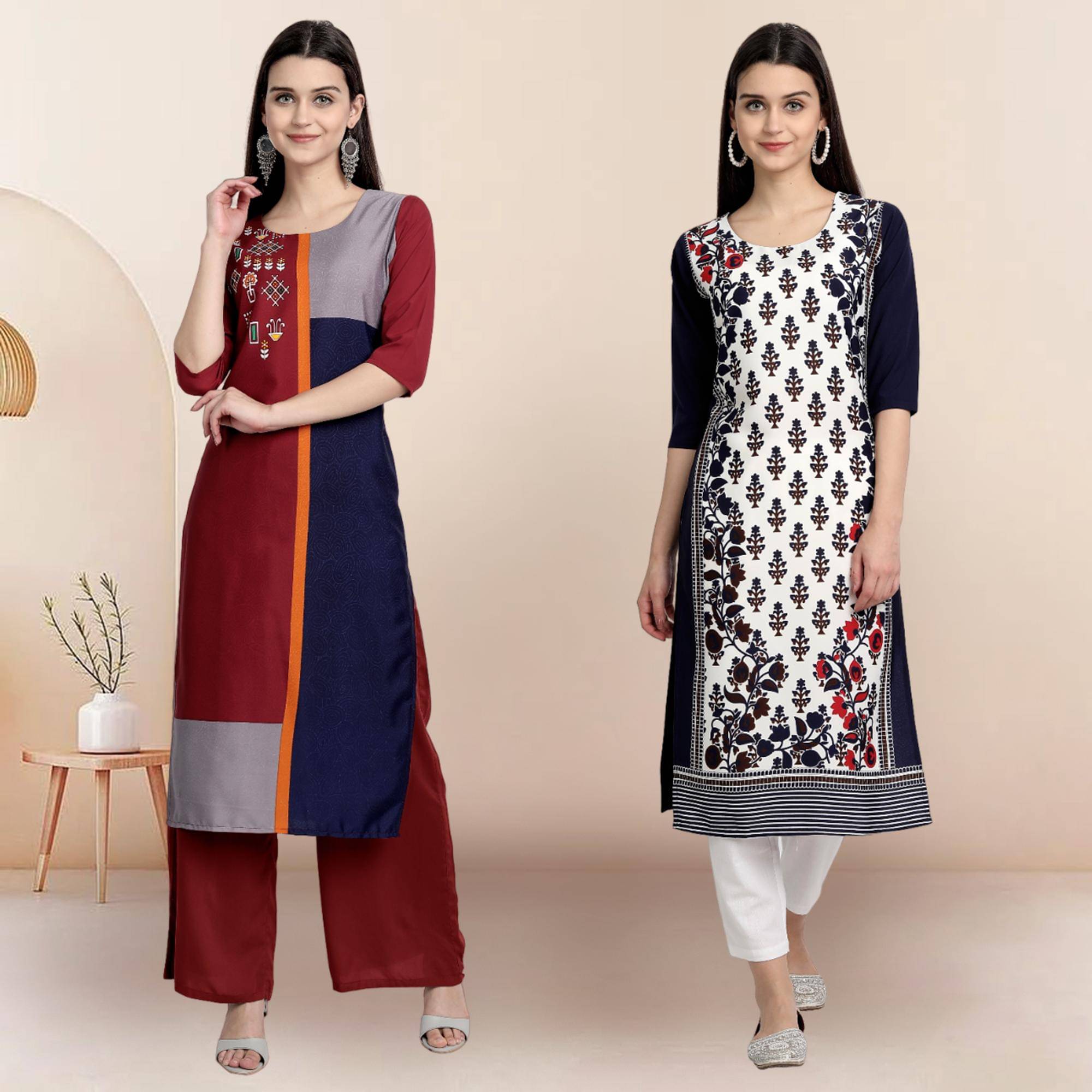    			1 Stop Fashion Pack of 2 Crepe Printed Straight Women's Kurti - ( Multicolor1 )