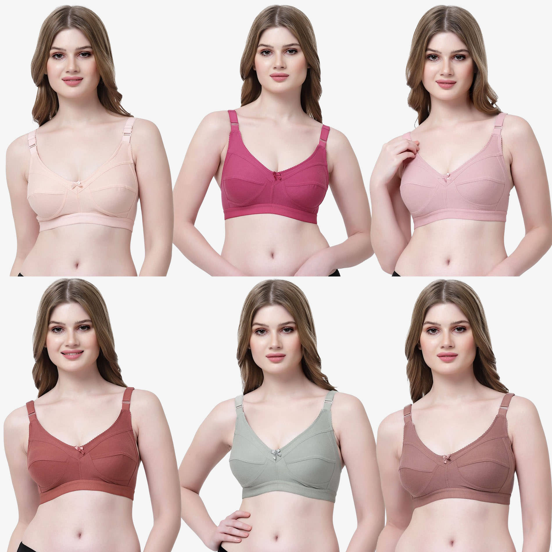 Softskin Pack of 6 Cotton Blend Non Padded Everyday Bra For Women ( Multicolor )