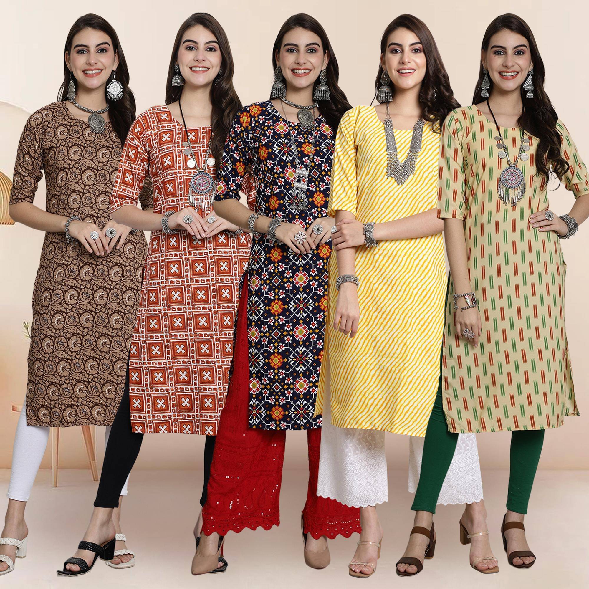     			1 Stop Fashion Pack of 5 Crepe Printed Straight Women's Kurti - ( Multicolor1 )