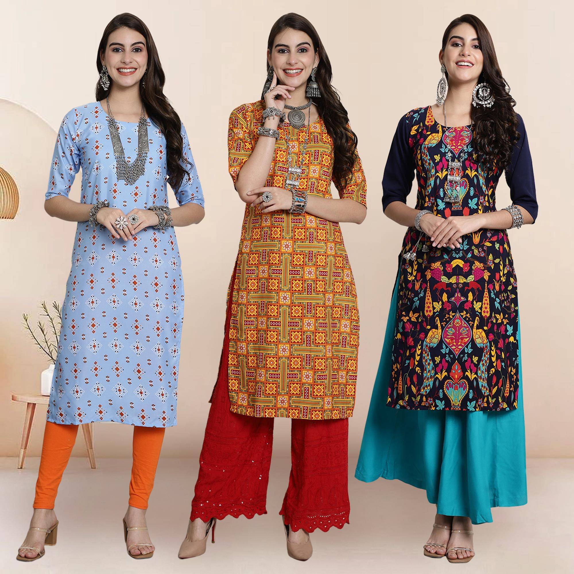 1 Stop Fashion Pack of 3 Crepe Printed Straight Women's Kurti - ( Multicolor )     			1 Stop Fashion Pack of 3 Crepe Printed Straight Women's Kurti - ( Multicolor )