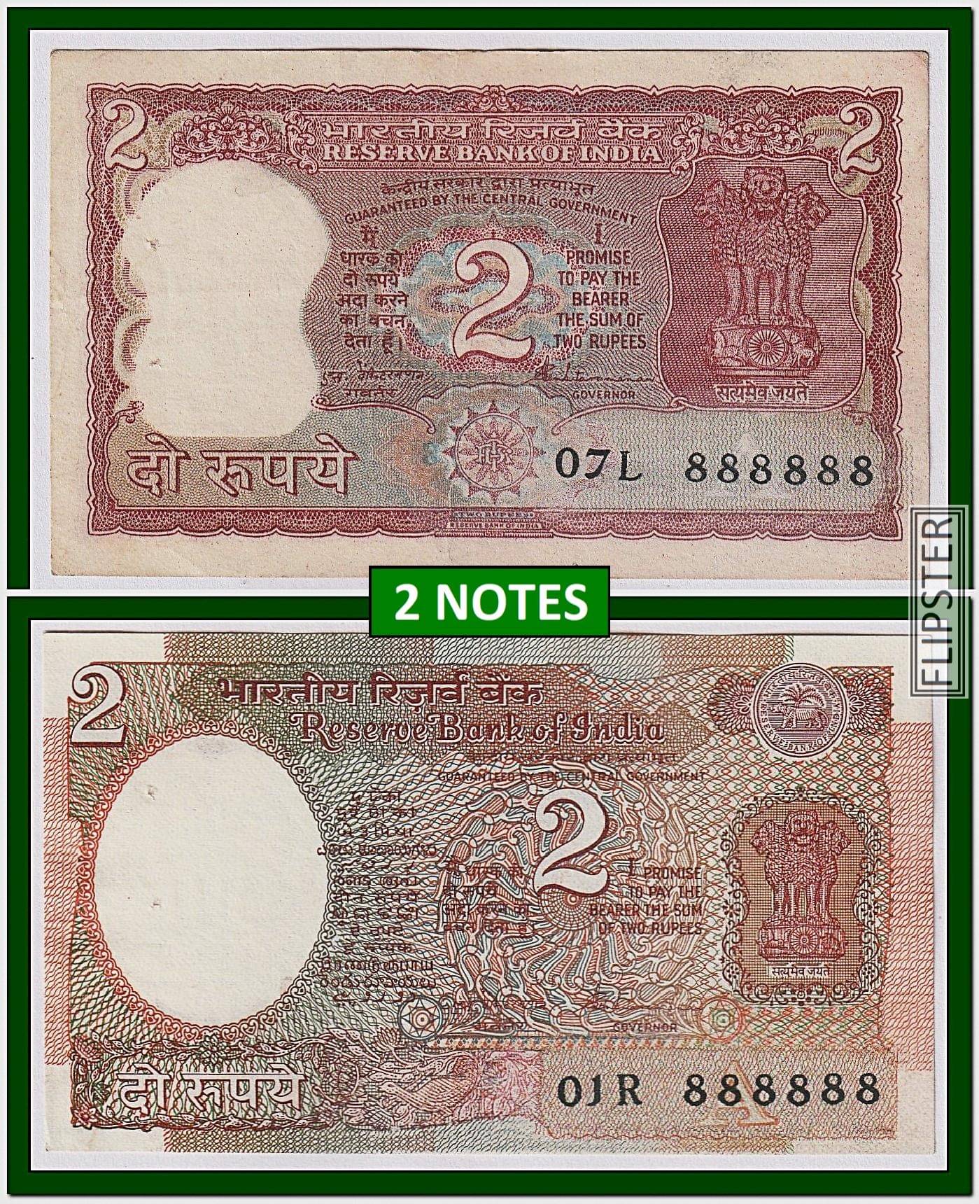     			2 Notes - Rare 888888 Fancy Series 2 Rupees, Tiger and Satellite Issue India old Notes Collection