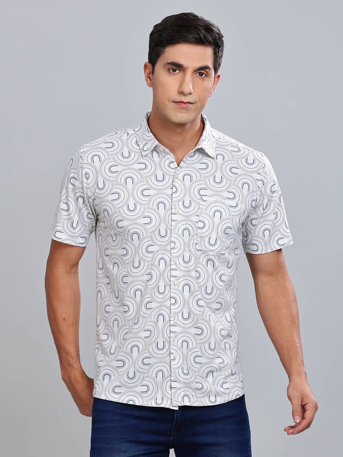 BULLMER Trendy Regular Fit Printed Half Sleeve Shirt for Men White
