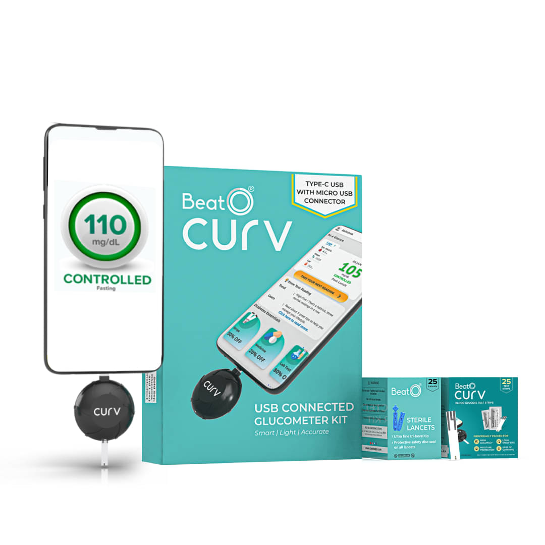 BeatO CURV Sugar Test Machine With 25 Strips & 25 Lancets (Type-C USB Connector), Accurate testing of Blood sugar, Android Only BeatO CURV Sugar Test Machine With 25 Strips & 25 Lancets (Type-C USB Connector), Accurate testing of Blood sugar, Android Only