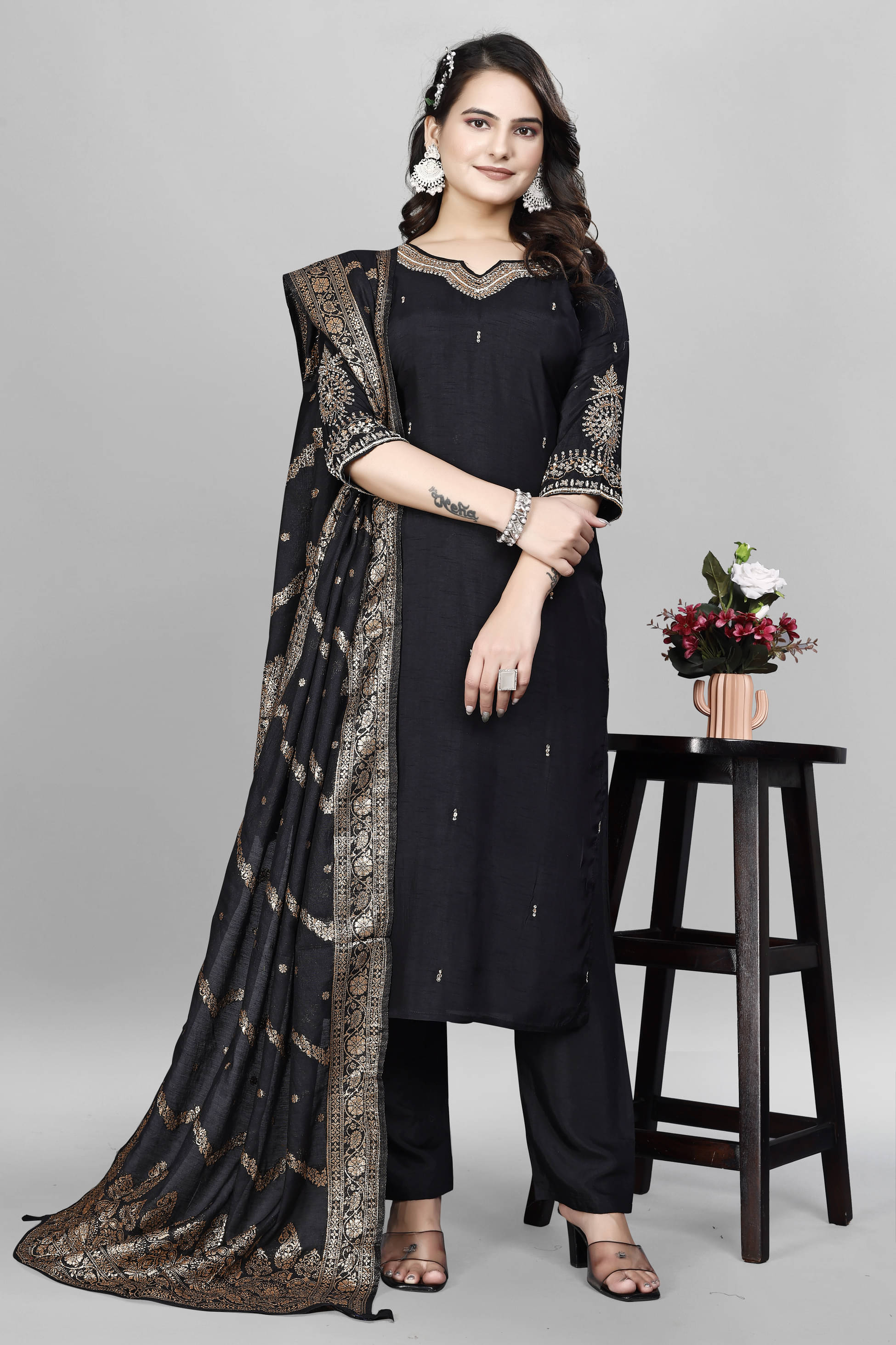 Devakii Viscose Embellished Kurti With Pants Women's Stitched Salwar Suit - Black ( Pack of 1 ) Devakii Viscose Embellished Kurti With Pants Women's Stitched Salwar Suit - Black ( Pack of 1 )