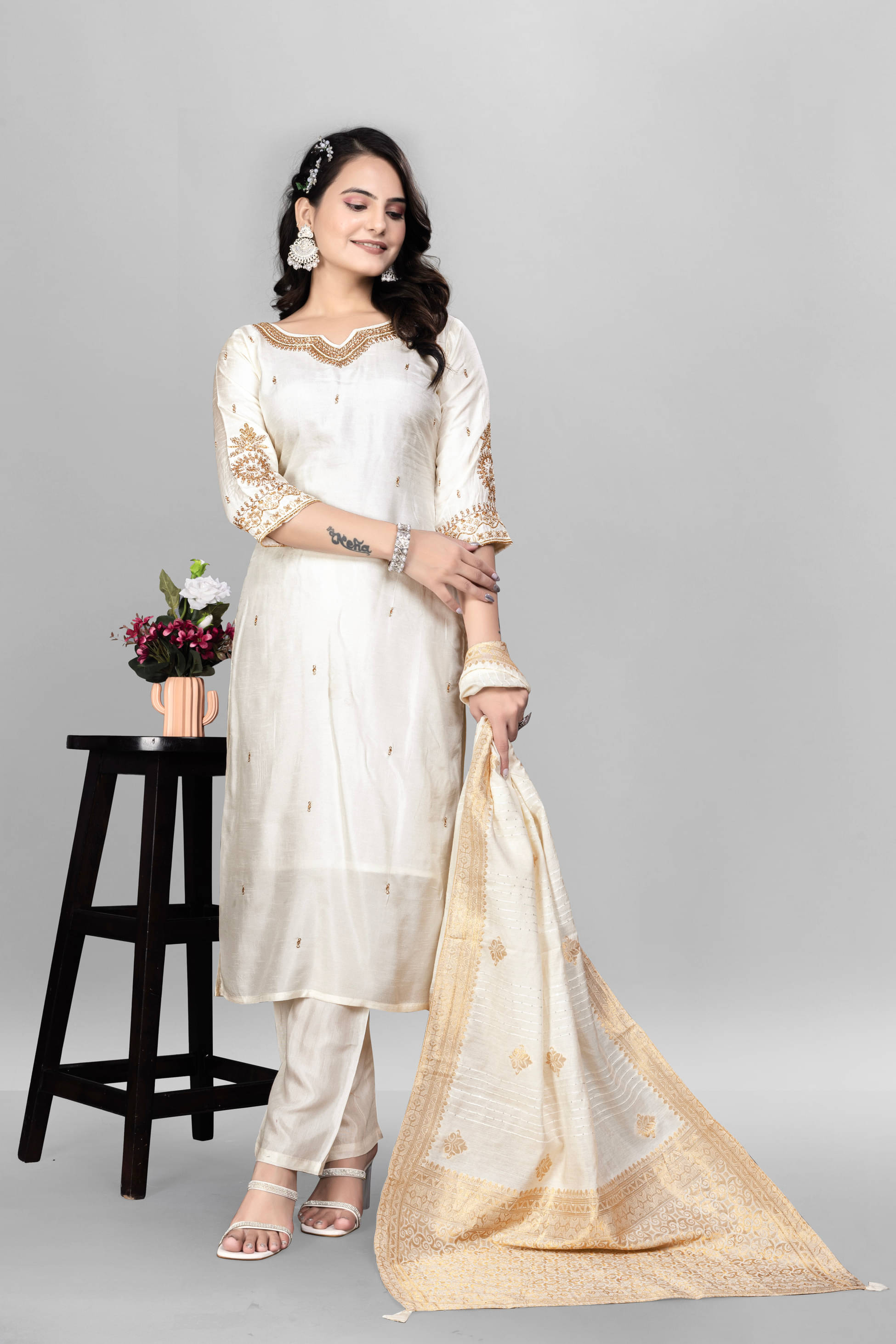 Devakii Viscose Embellished Kurti With Pants Women's Stitched Salwar Suit - White ( Pack of 1 ) Devakii Viscose Embellished Kurti With Pants Women's Stitched Salwar Suit - White ( Pack of 1 )