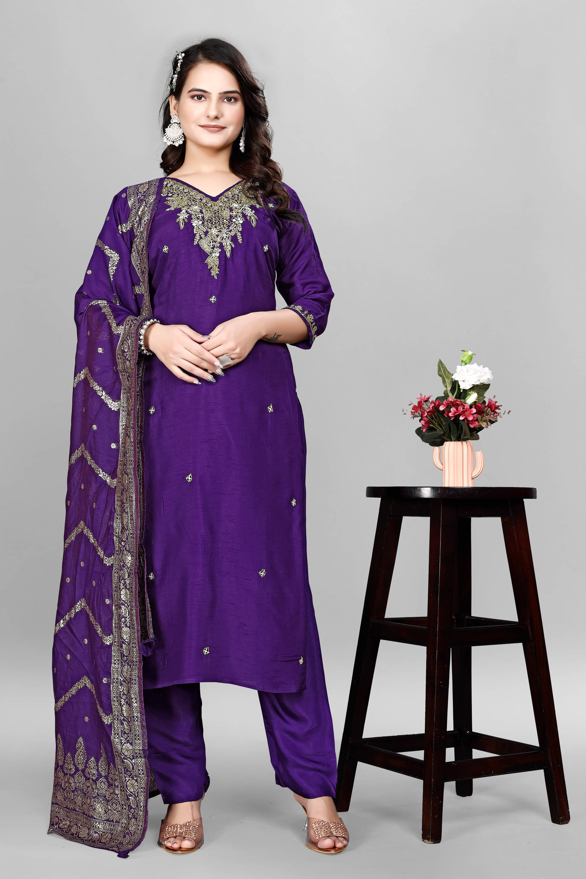 Devakii Viscose Embellished Kurti With Pants Women's Stitched Salwar Suit - Purple ( Pack of 1 )     			Devakii Viscose Embellished Kurti With Pants Women's Stitched Salwar Suit - Purple ( Pack of 1 )