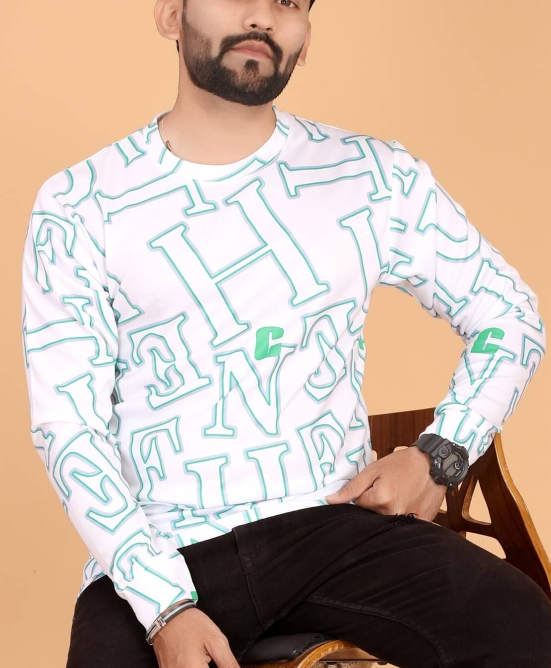     			FABRIPPLE Polyester Regular Fit Printed Full Sleeves Men's Round T-Shirt - White ( Pack of 1 )