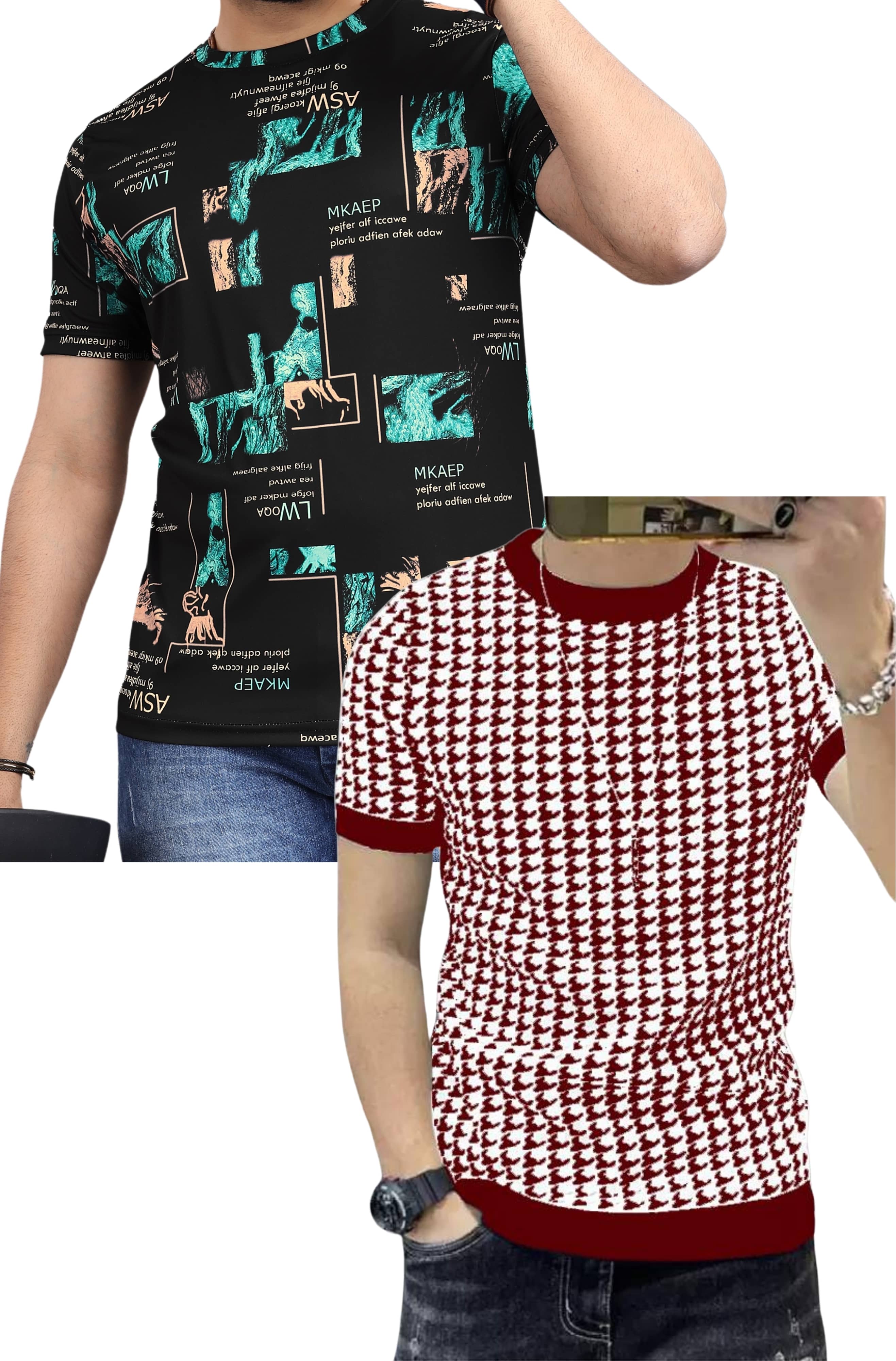 FABRIPPLE Polyester Regular Fit Self Design Half Sleeves Men's Round T-Shirt - Multicolor ( Pack of 1 )