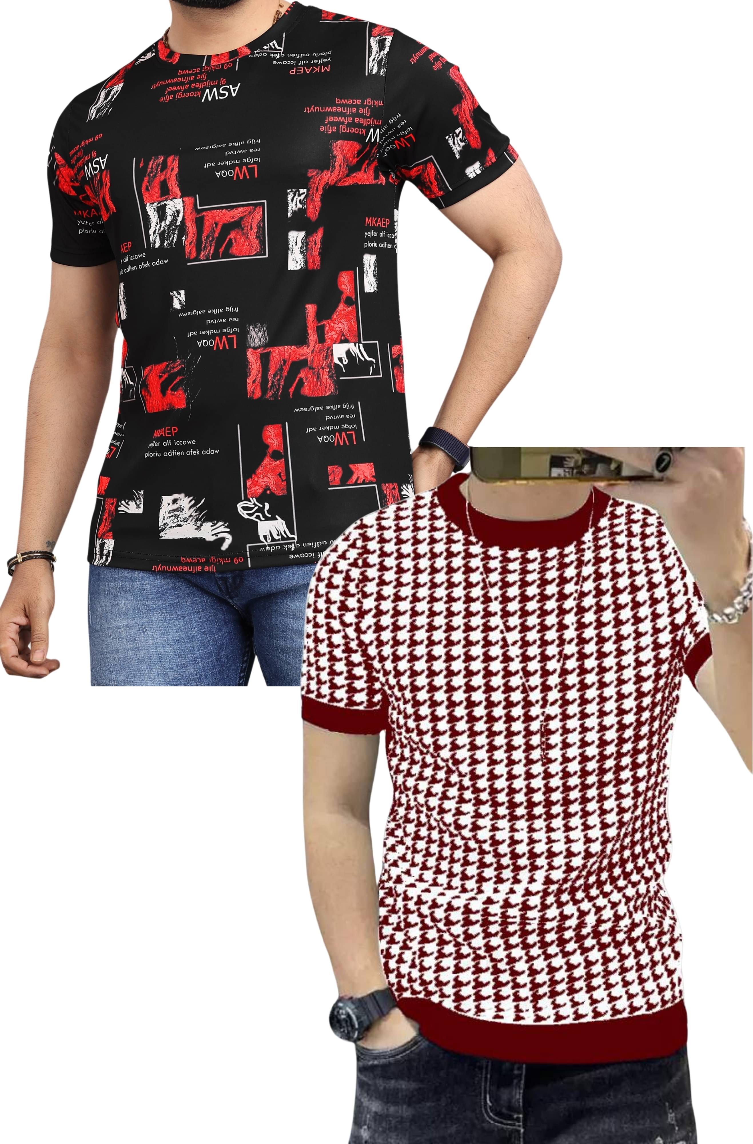    			FABRIPPLE Polyester Regular Fit Self Design Half Sleeves Men's Round T-Shirt - Multicolor ( Pack of 1 )