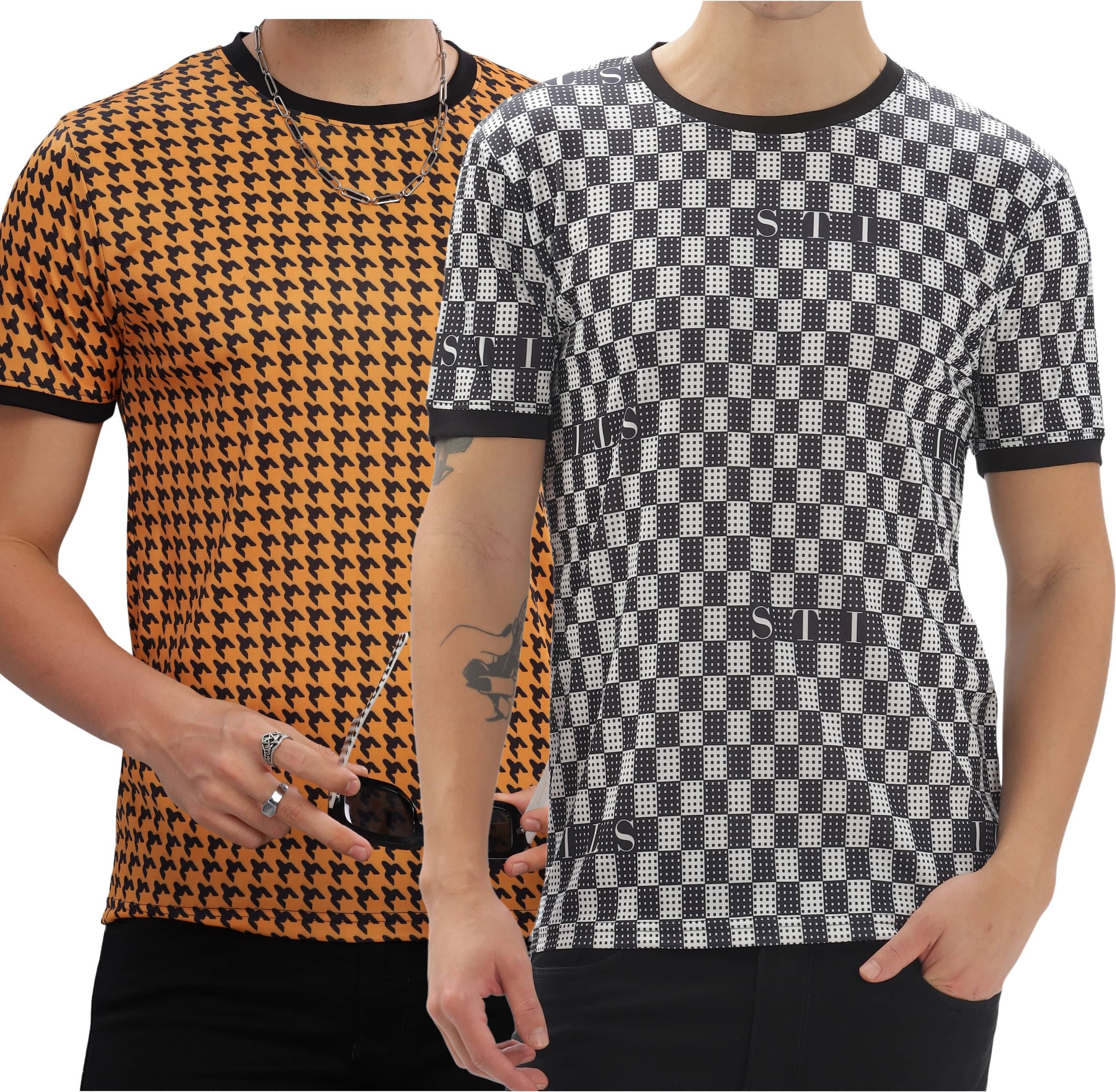 FABRIPPLE Polyester Regular Fit Self Design Half Sleeves Men's Round T-Shirt - Multicolor ( Pack of 1 )