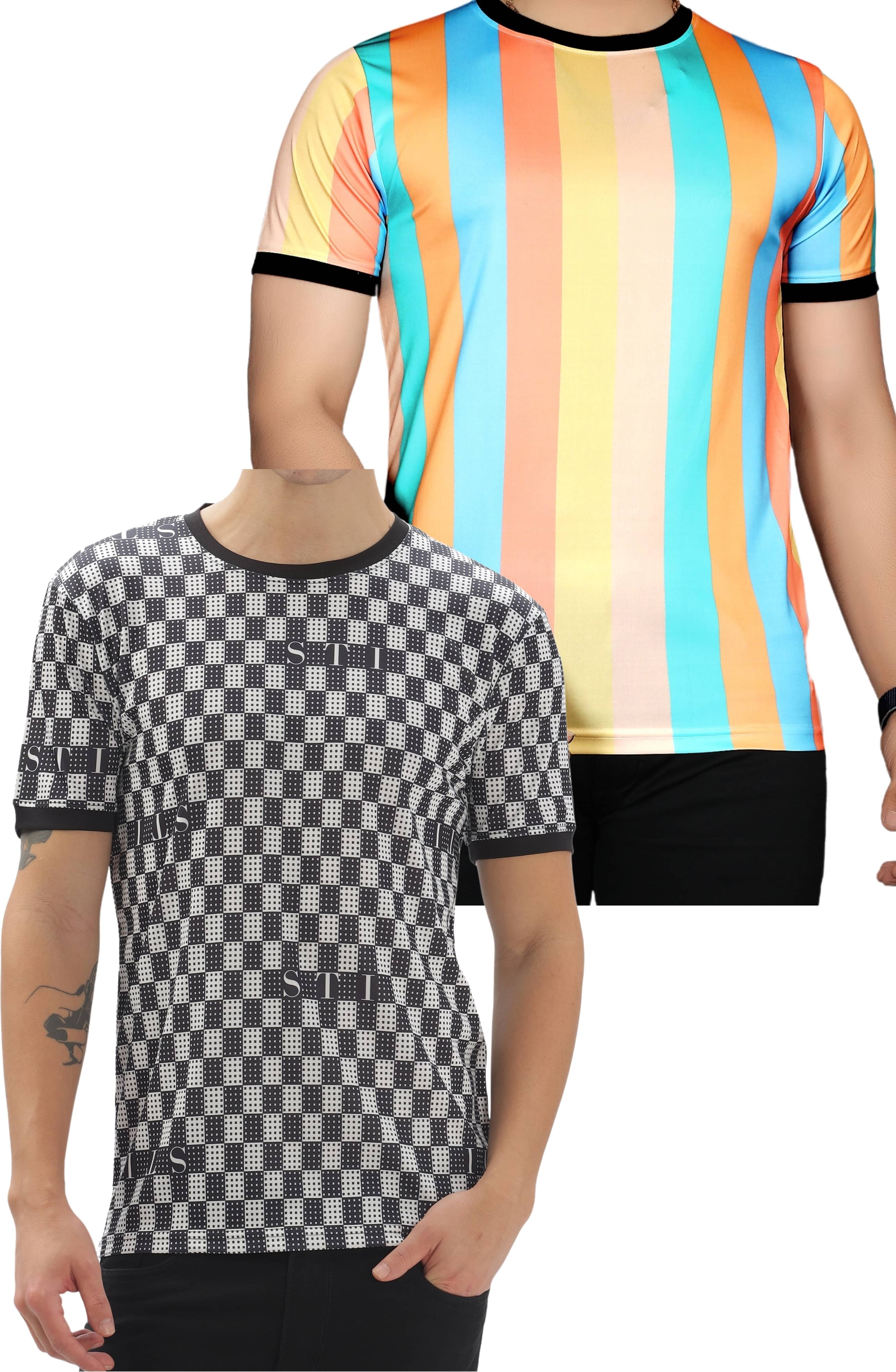     			FABRIPPLE Polyester Regular Fit Self Design Half Sleeves Men's Round T-Shirt - Multicolor ( Pack of 1 )