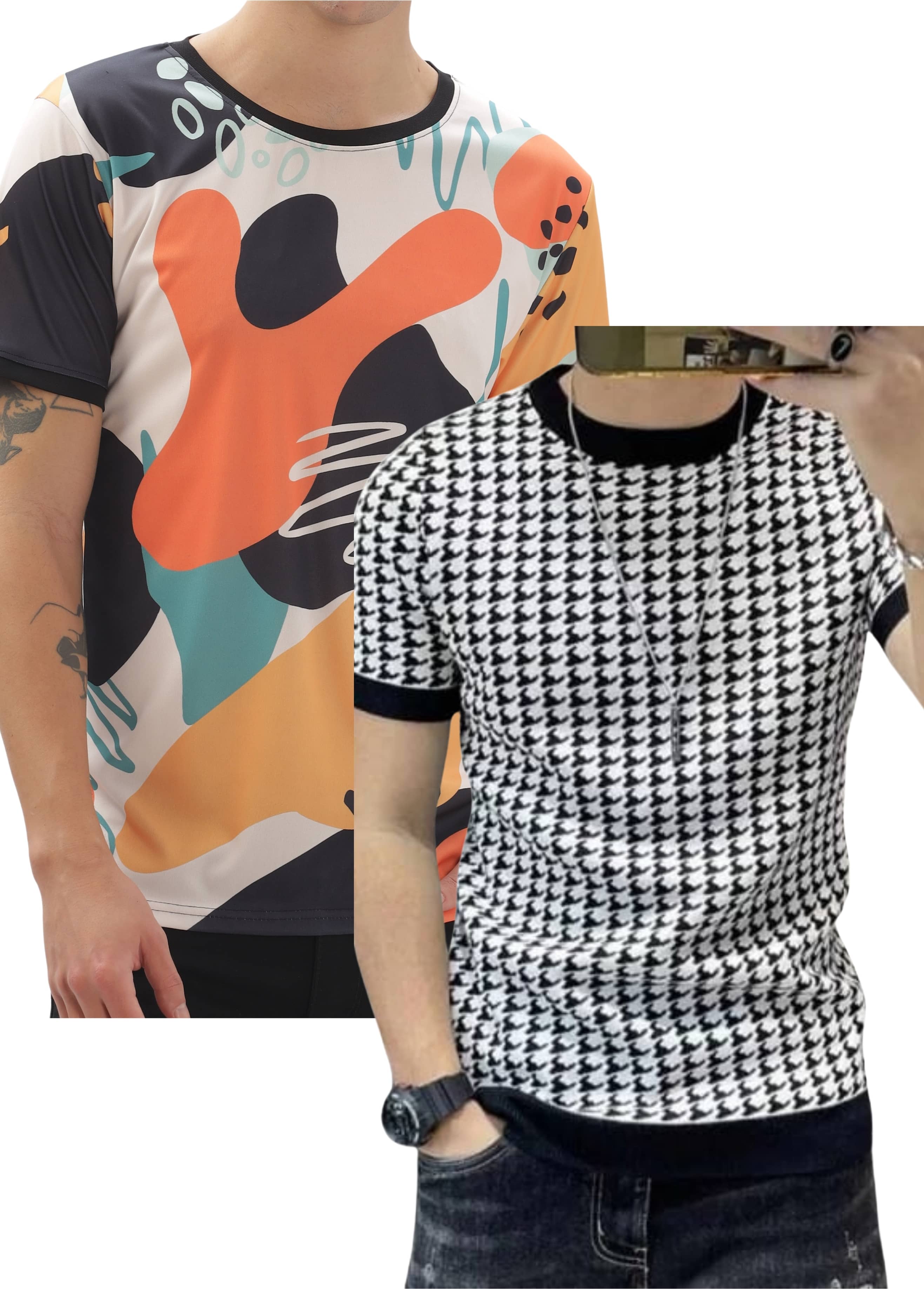 FABRIPPLE Polyester Regular Fit Self Design Half Sleeves Men's Round T-Shirt - Multicolor ( Pack of 1 )