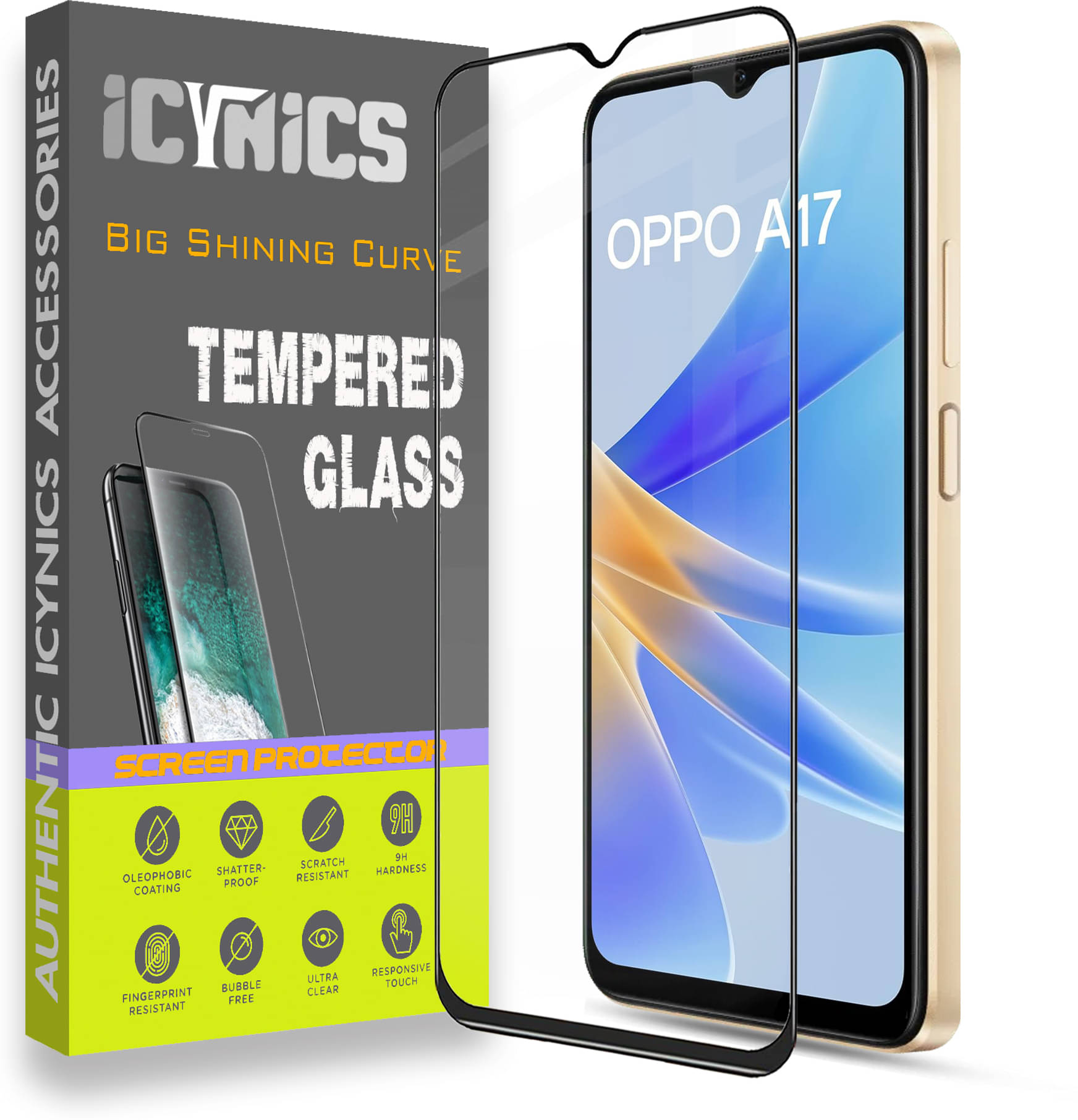 Icynics Tempered Glass Compatible For Oppo A17 ( Pack of 1 )     			Icynics Tempered Glass Compatible For Oppo A17 ( Pack of 1 )