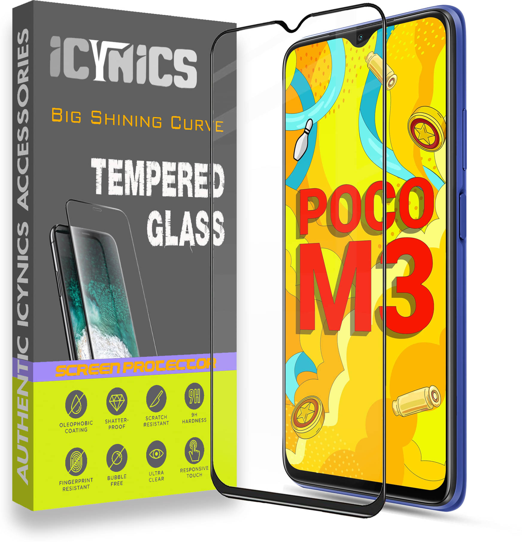 Icynics Tempered Glass Compatible For Poco M3 ( Pack of 1 )     			Icynics Tempered Glass Compatible For Poco M3 ( Pack of 1 )
