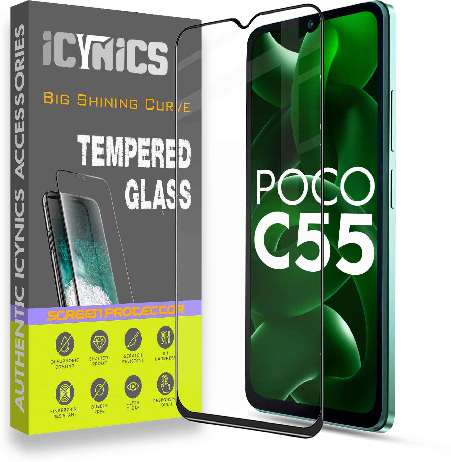 Icynics Tempered Glass Compatible For POCO C55 ( Pack of 1 )     			Icynics Tempered Glass Compatible For POCO C55 ( Pack of 1 )