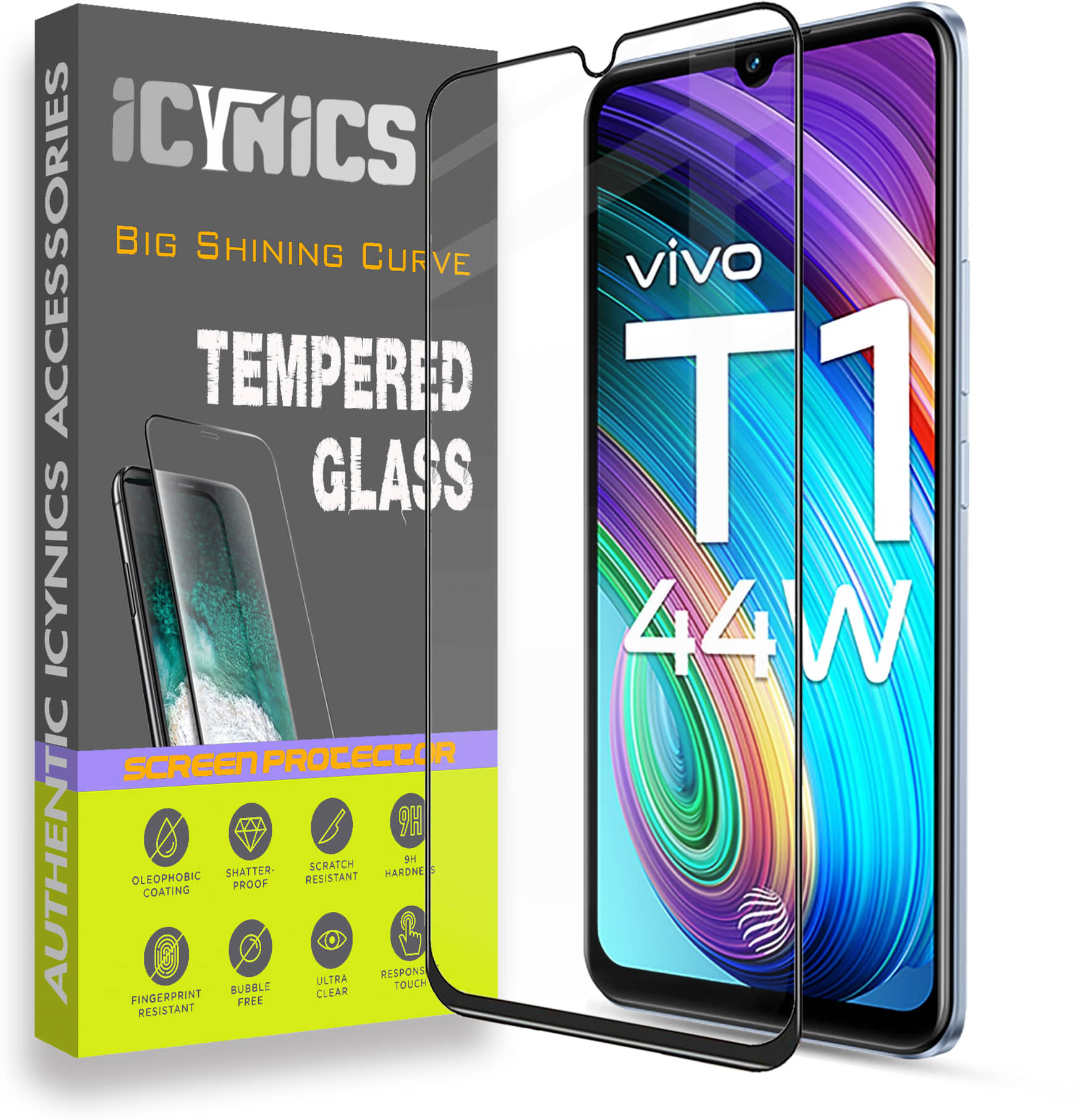 Icynics Tempered Glass Compatible For Vivo T1 44W ( Pack of 1 )     			Icynics Tempered Glass Compatible For Vivo T1 44W ( Pack of 1 )