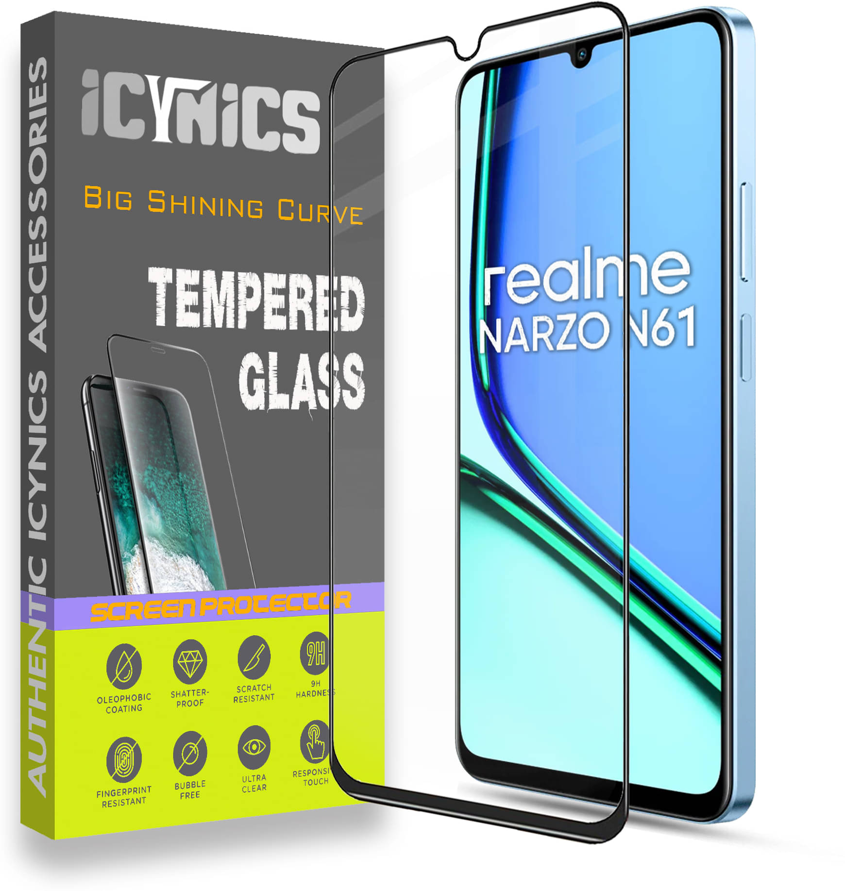 Icynics Tempered Glass Compatible For Realme Narzo N61 ( Pack of 1 )     			Icynics Tempered Glass Compatible For Realme Narzo N61 ( Pack of 1 )