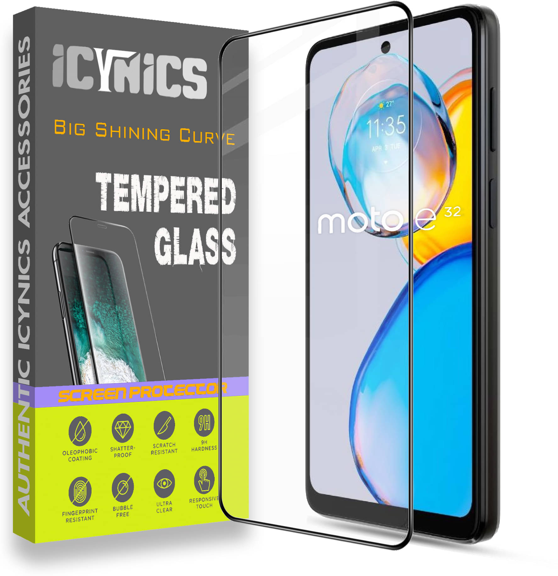 Icynics Tempered Glass Compatible For Motorola Moto E32 (India) ( Pack of 1 )     			Icynics Tempered Glass Compatible For Motorola Moto E32 (India) ( Pack of 1 )