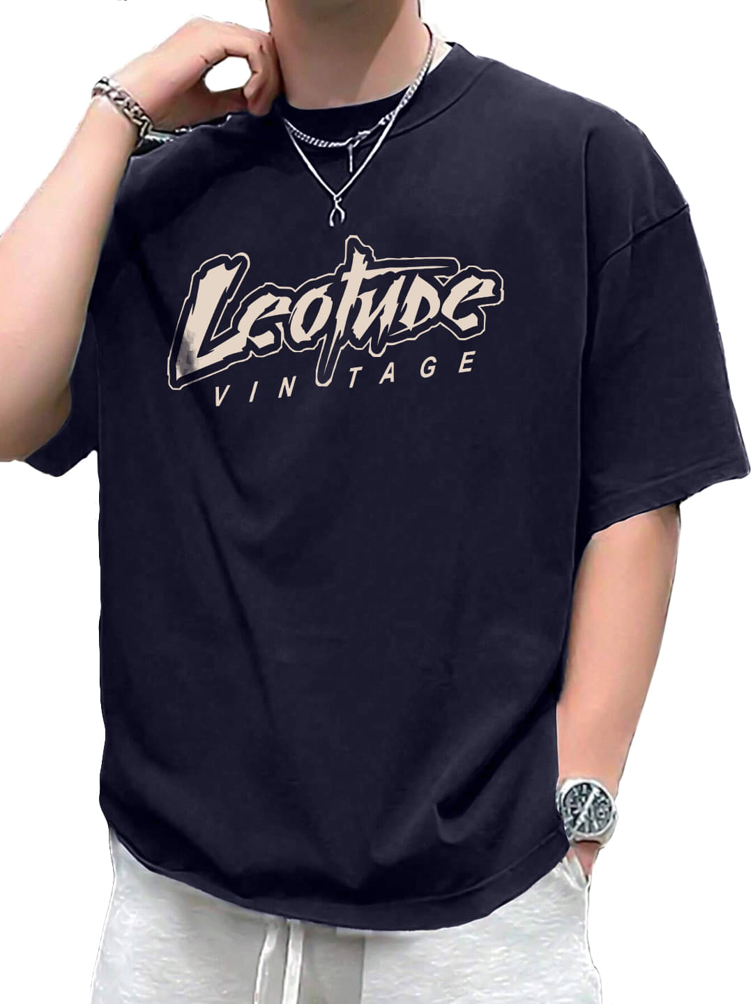     			Leotude Men Cotton Blend Oversized Fit Printed T-Shirt ( Navy )