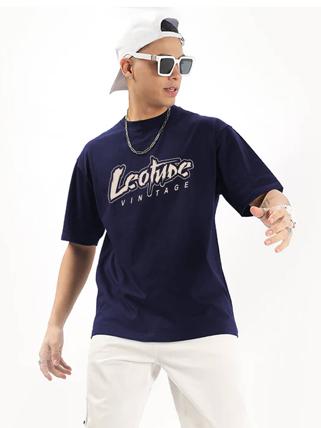     			Leotude Cotton Blend Oversized Fit Printed Half Sleeves Men's Round T-Shirt - Navy ( Pack of 1 )