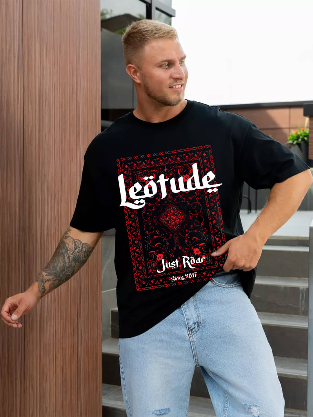 Leotude Cotton Blend Oversized Fit Printed Half Sleeves Men's Round T-Shirt - Black ( Pack of 1 )