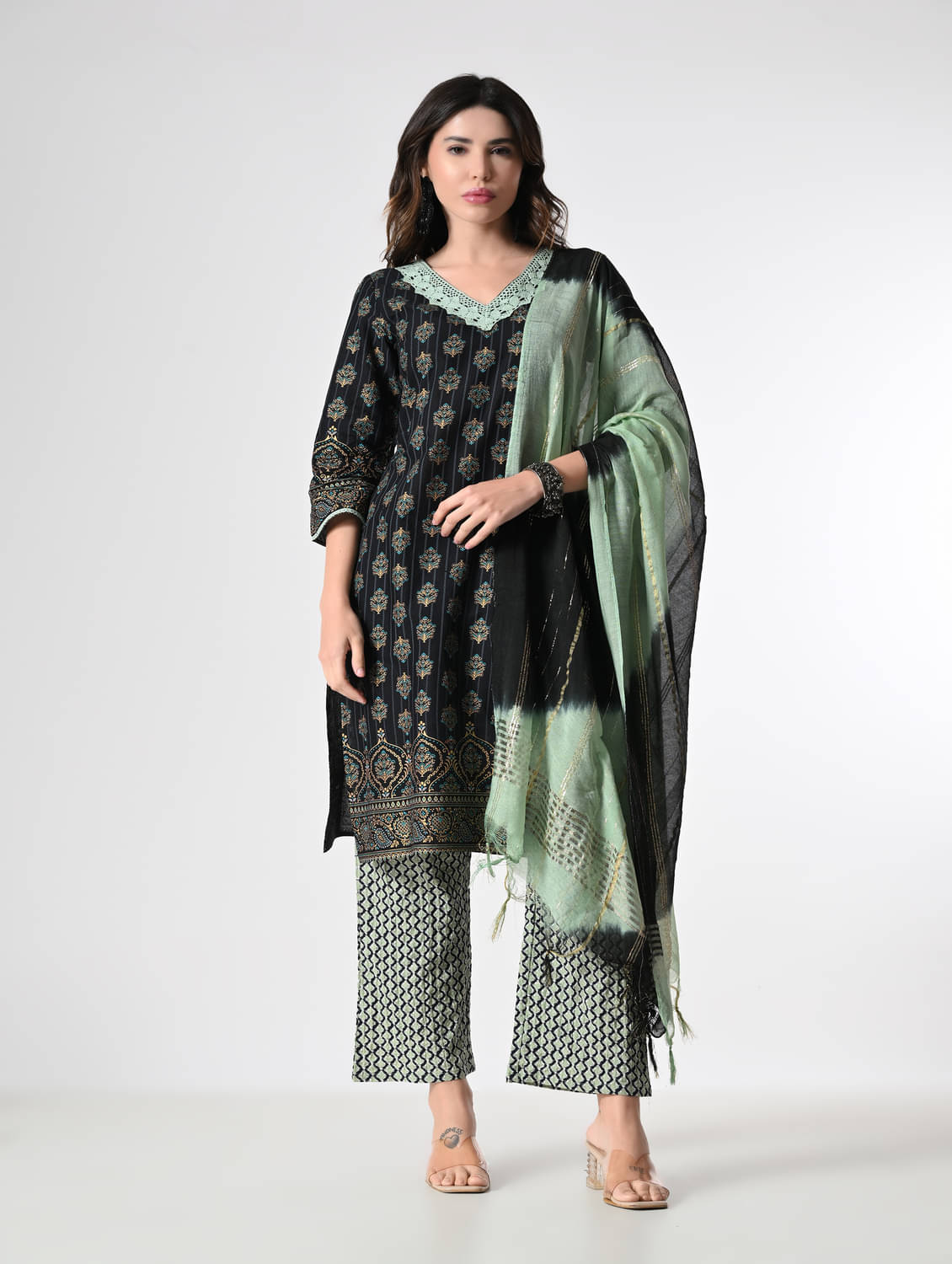     			Neel & Ned Cotton Printed Kurti With Palazzo Women's Stitched Salwar Suit - Black ( Pack of 1 )
