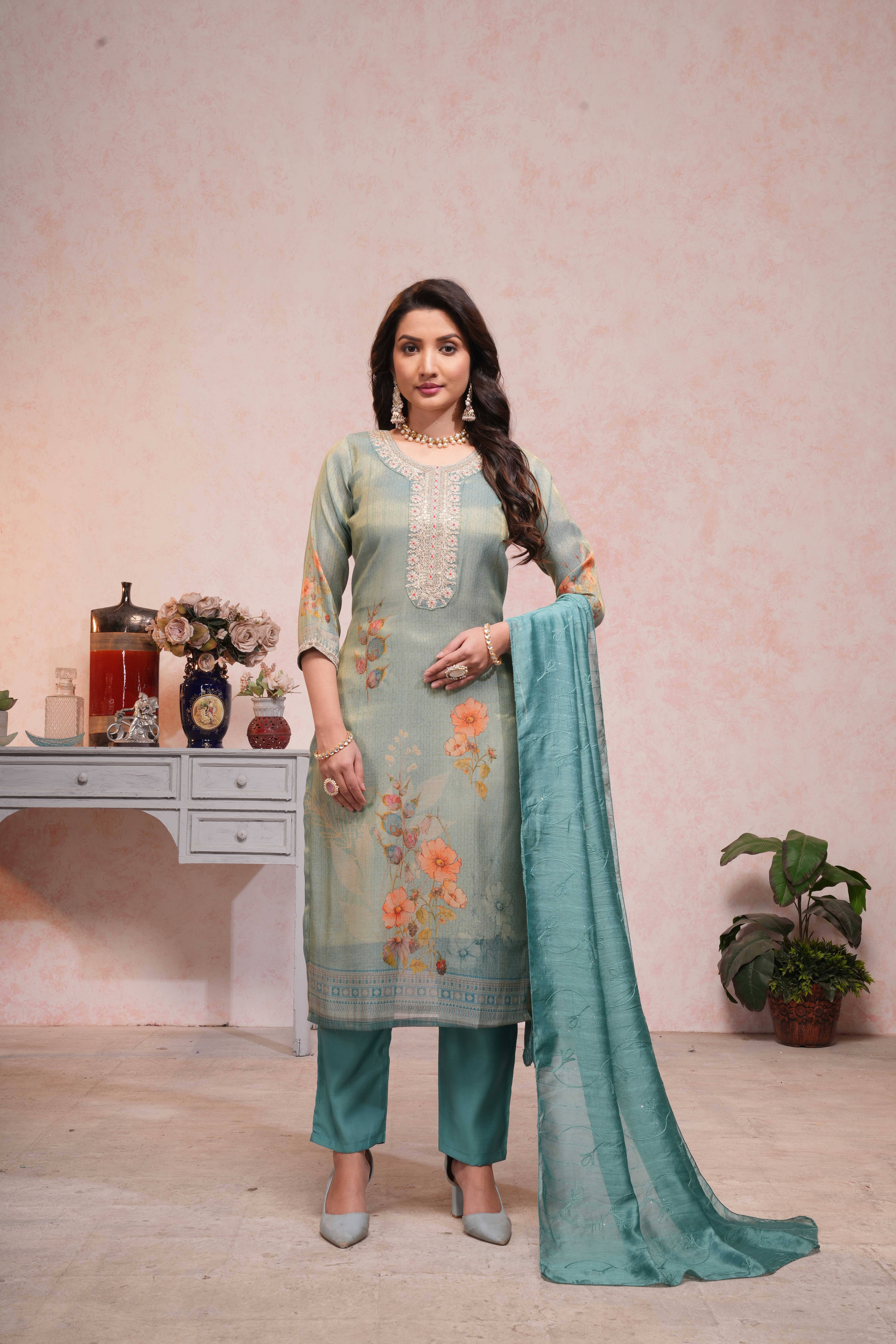 ONIXINO Silk Blend Embroidered Kurti With Pants Women's Stitched Salwar Suit - Light Blue ( Pack of 1 ) ONIXINO Silk Blend Embroidered Kurti With Pants Women's Stitched Salwar Suit - Light Blue ( Pack of 1 )