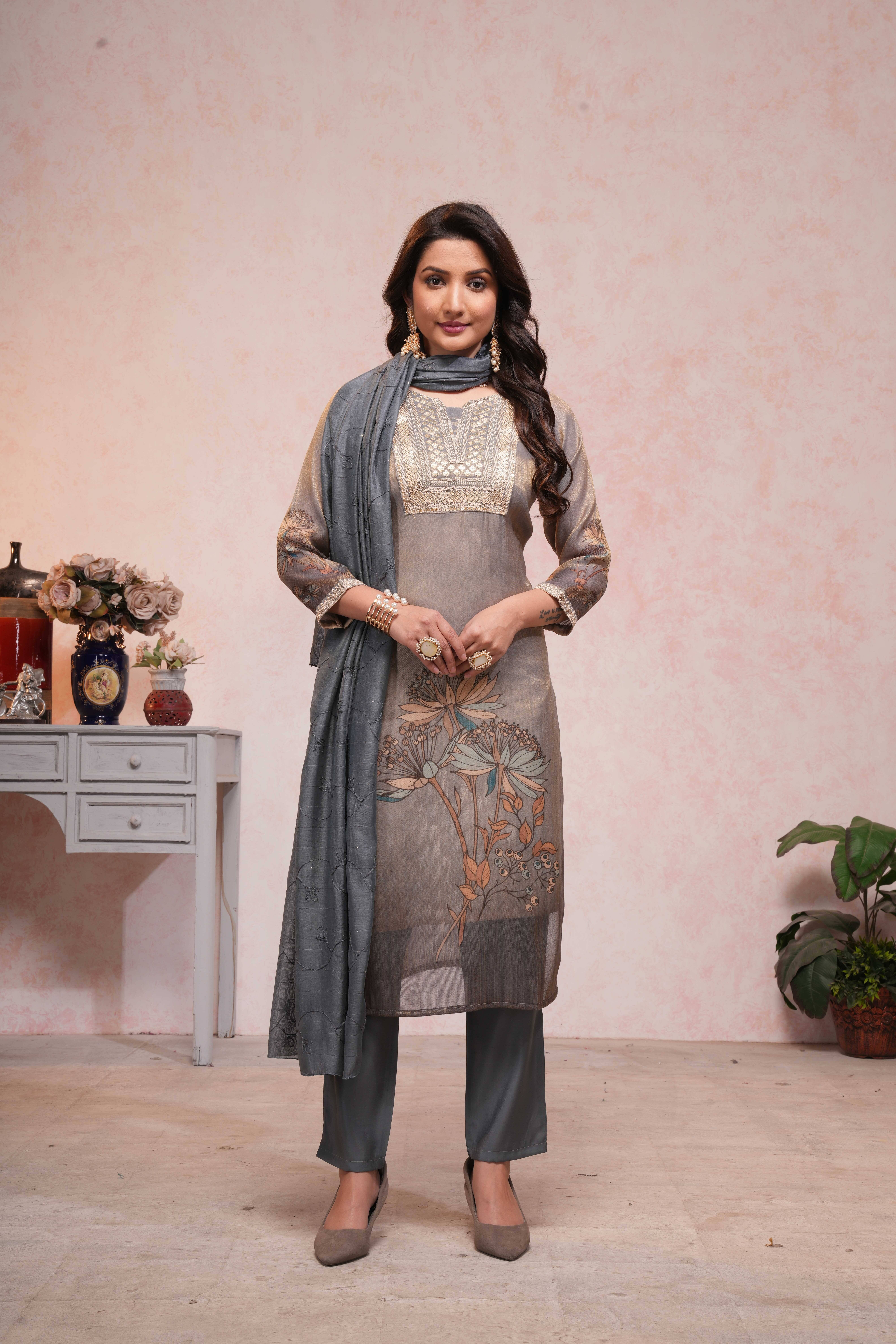     			ONIXINO Silk Embroidered Kurti With Pants Women's Stitched Salwar Suit - Grey ( Pack of 1 )