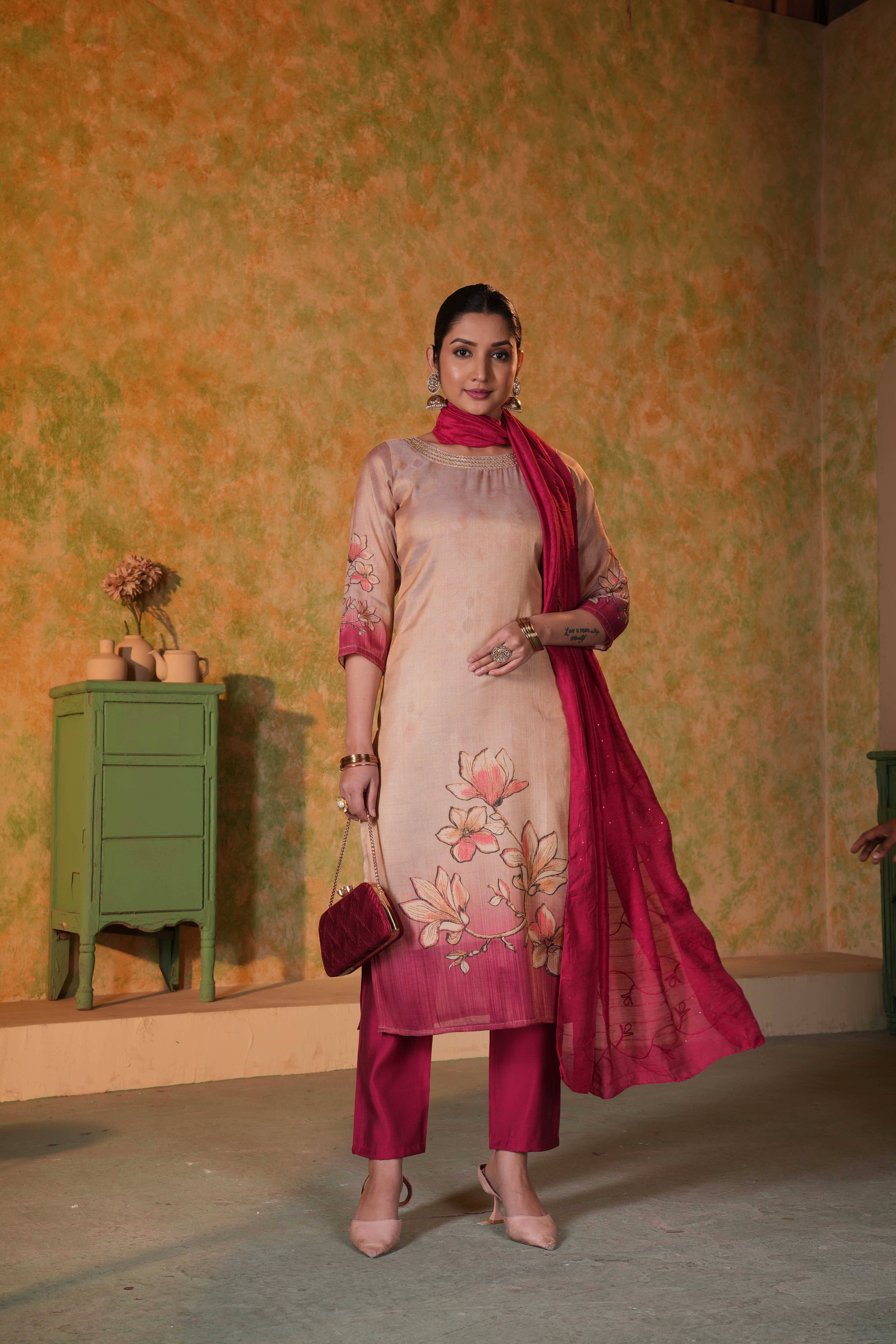     			ONIXINO Silk Embroidered Kurti With Pants Women's Stitched Salwar Suit - Pink ( Pack of 1 )
