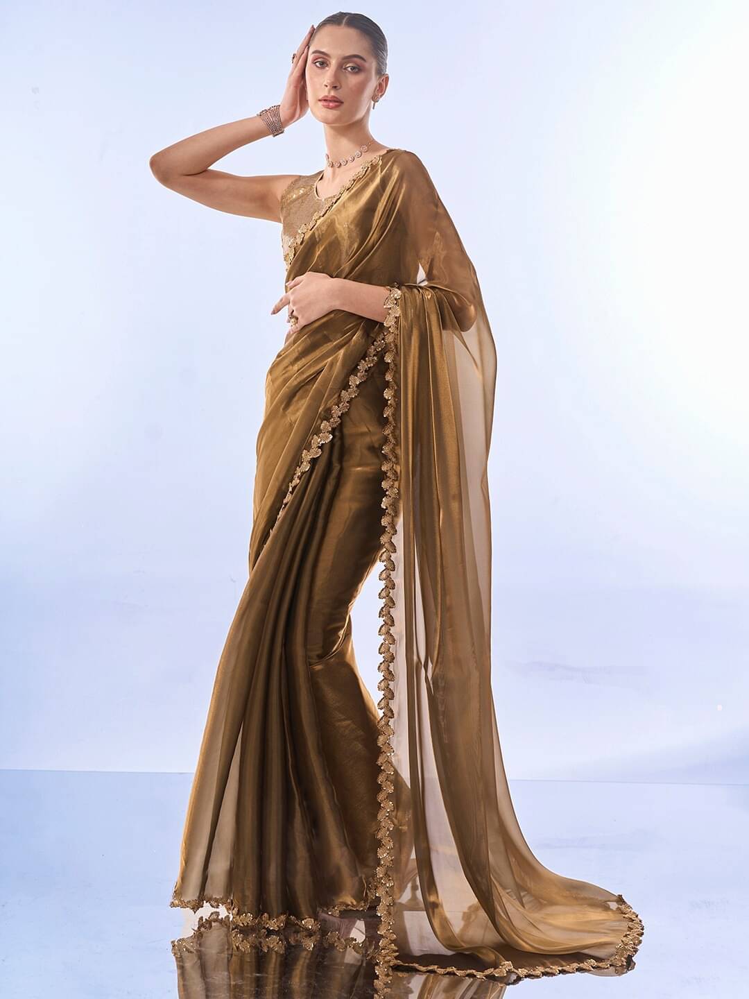 PHORIA STYLE Zimmy Choo Embroidered Saree With Unstitched Blouse Piece ( Brown ) PHORIA STYLE Zimmy Choo Embroidered Saree With Unstitched Blouse Piece ( Brown )