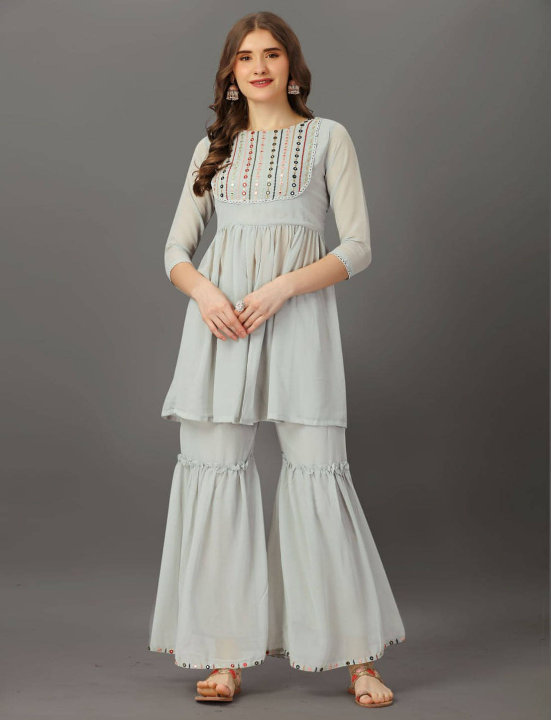    			Rameshwaram creative Georgette Embroidered Kurti With Sharara And Gharara Women's Stitched Salwar Suit - Grey ( Pack of 1 )