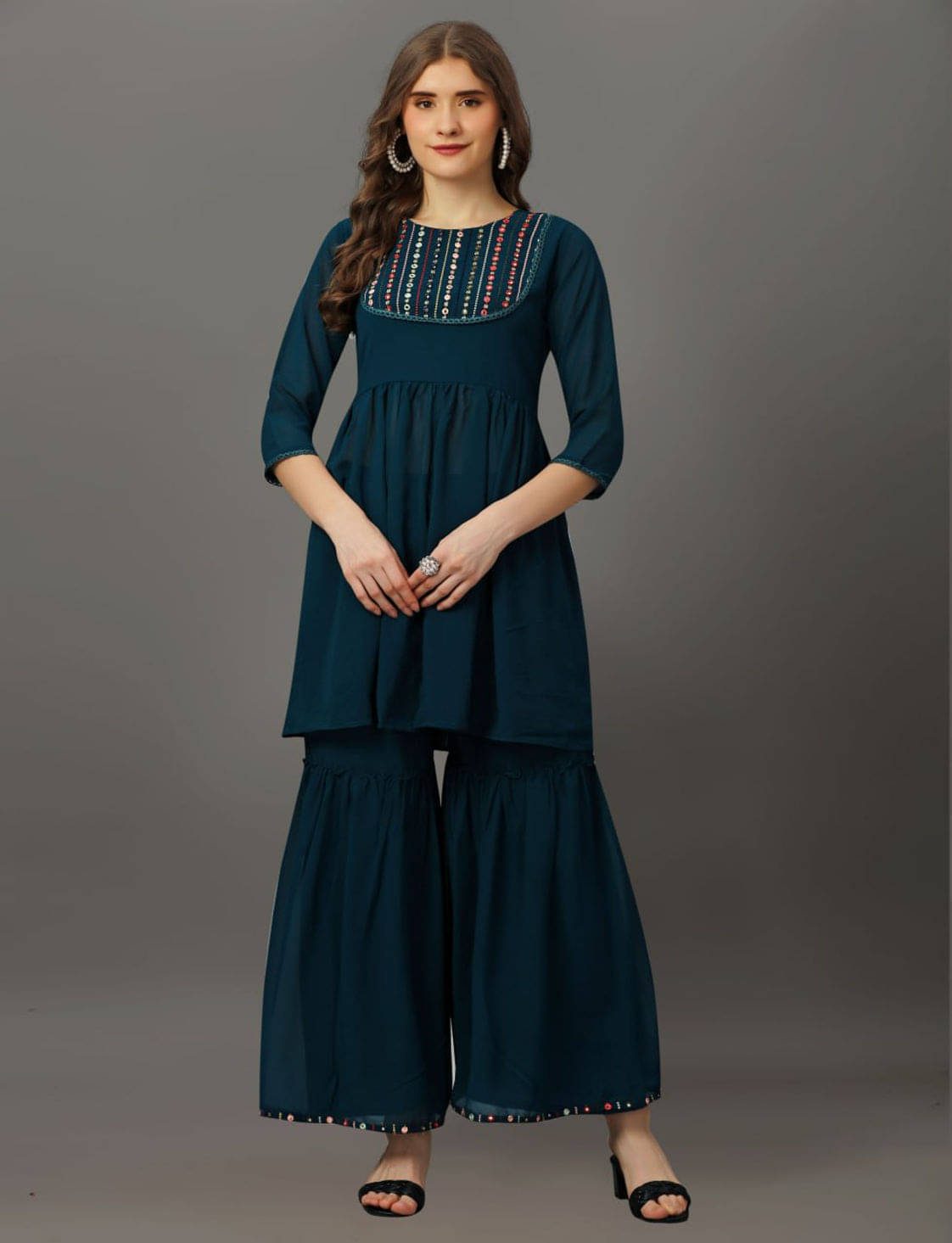     			Rameshwaram creative Georgette Embroidered Kurti With Sharara And Gharara Women's Stitched Salwar Suit - Indigo ( Pack of 1 )