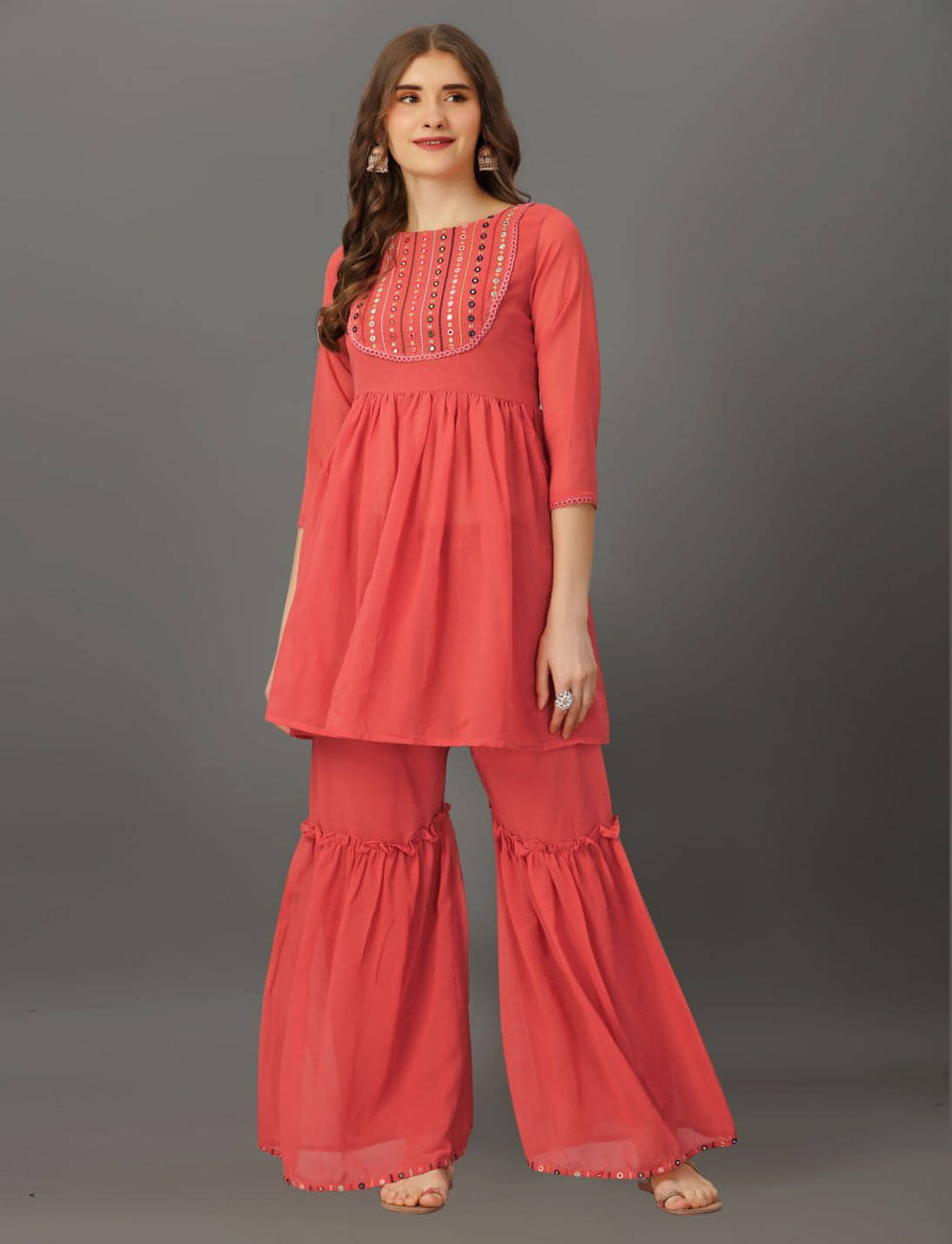     			Rameshwaram creative Georgette Embroidered Kurti With Sharara And Gharara Women's Stitched Salwar Suit - Fluorescent Pink ( Pack of 1 )