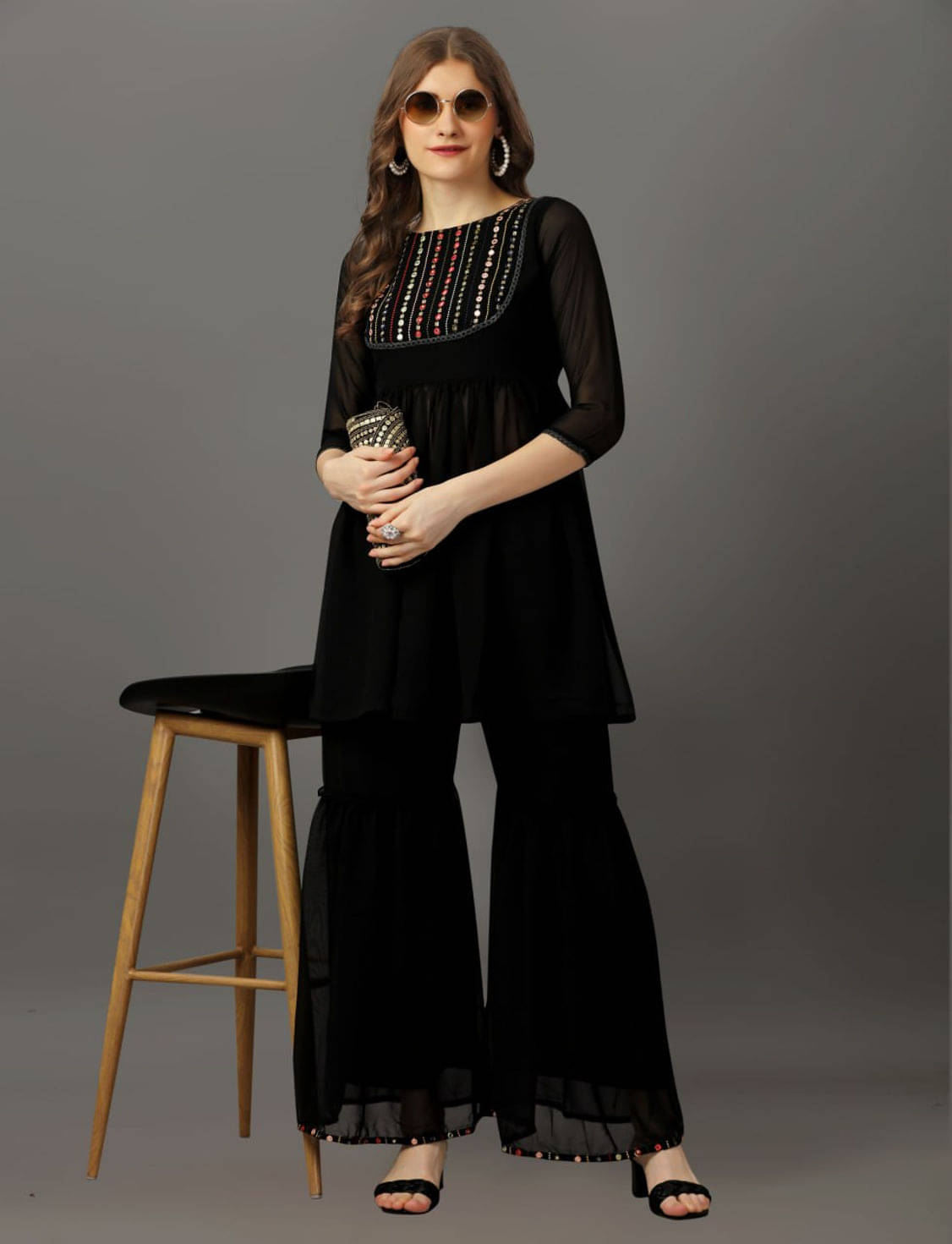     			Rameshwaram creative Georgette Embroidered Kurti With Sharara And Gharara Women's Stitched Salwar Suit - Black ( Pack of 1 )