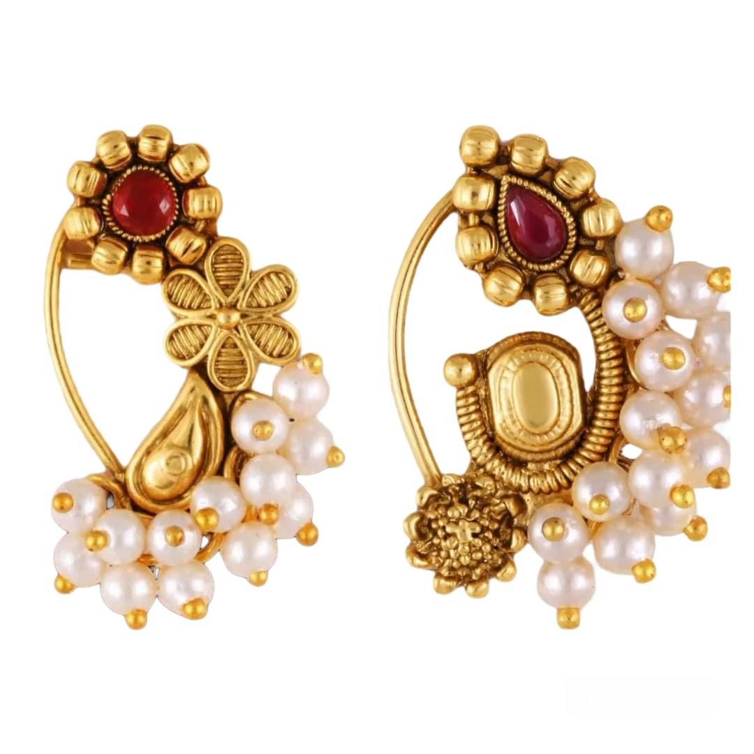 Vivastri"s Premium & Unique Pearl Beaded White Moti Studded Gold Plated Alloy Colourfull Nosepin For Women & Girls-VIVA1166-1173NTH -Press-Red     			Vivastri"s Premium & Unique Pearl Beaded White Moti Studded Gold Plated Alloy Colourfull Nosepin For Women & Girls-VIVA1166-1173NTH -Press-Red